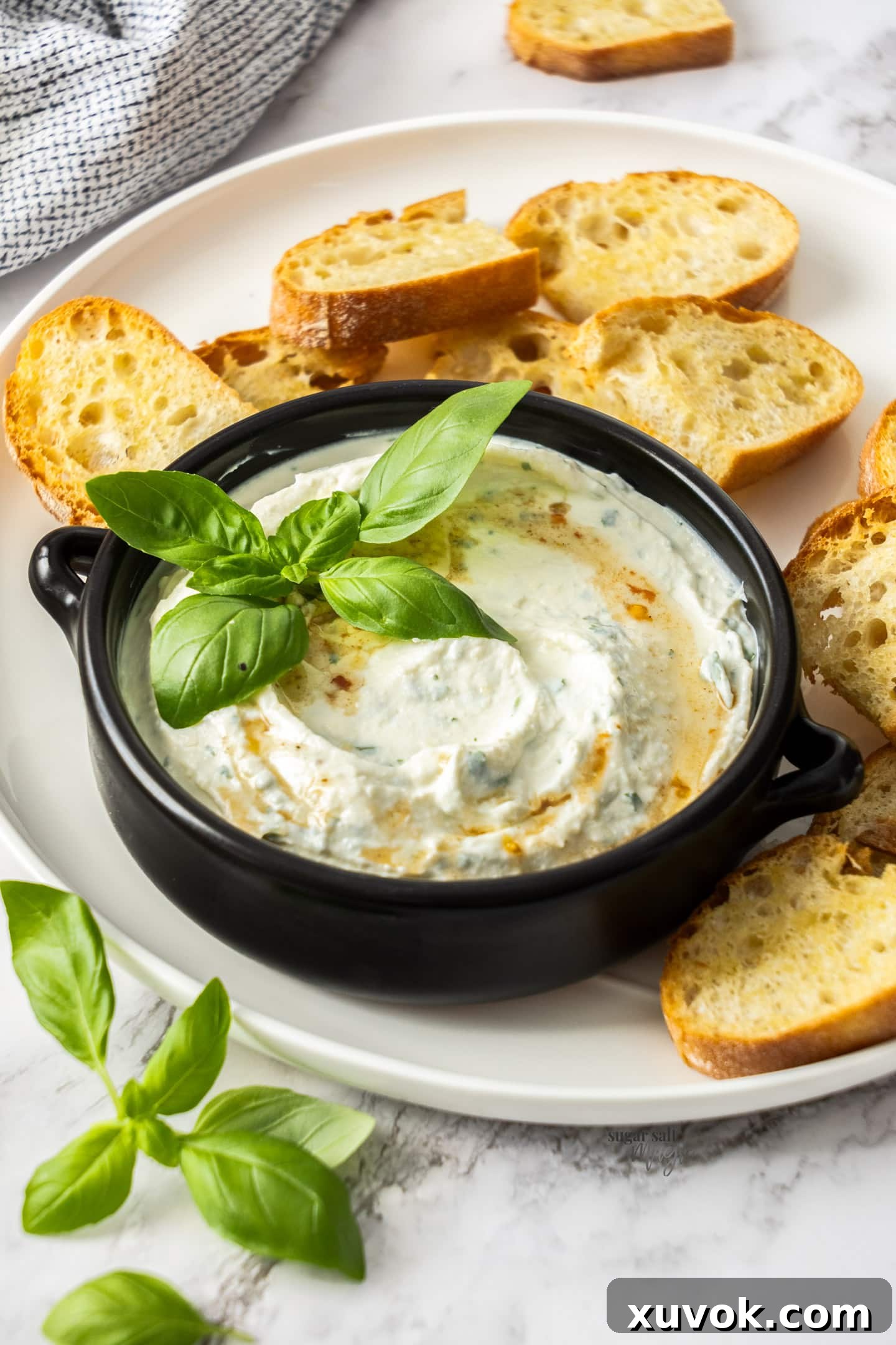 A beautifully presented bowl of creamy whipped ricotta dip, surrounded by perfectly toasted bread slices, ready for dipping. The dip looks rich yet light, garnished with fresh herbs, hinting at its vibrant flavor profile.