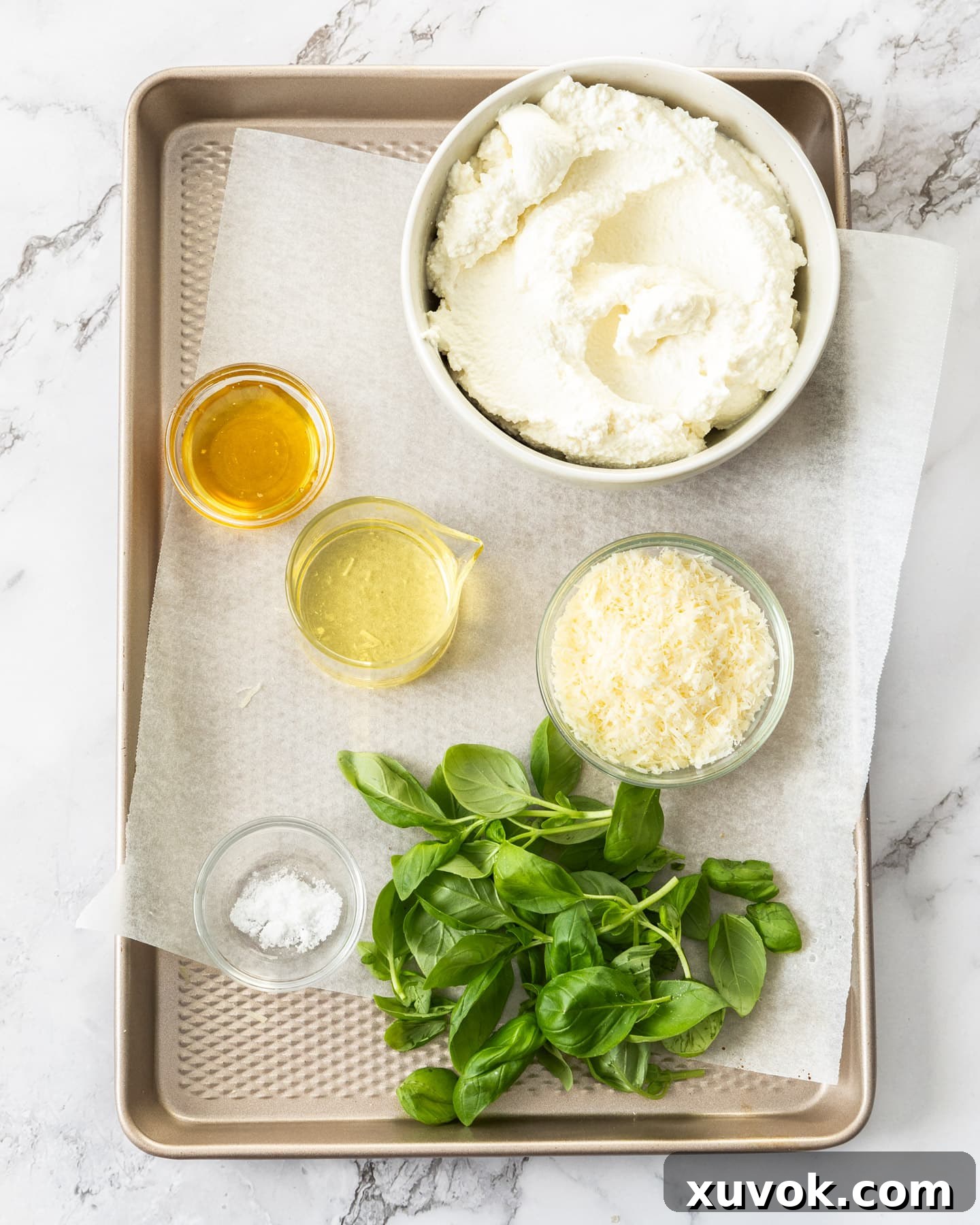 A flat lay photograph showcasing all the fresh, high-quality ingredients required for making a homemade ricotta dip. This includes a tub of whole milk ricotta, a block of Parmesan, fresh basil leaves, a bottle of olive oil, a small jar of honey, and a pinch of salt.