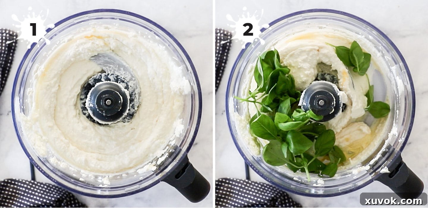 A detailed step-by-step image demonstrating the process of making ricotta dip in a food processor, showing the ingredients blending to a smooth consistency. This visual guide ensures an easy and successful preparation.