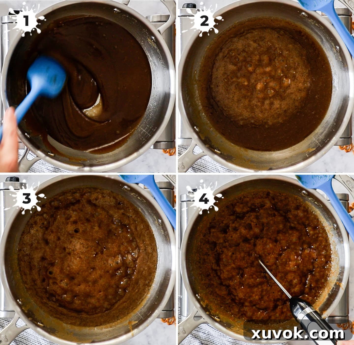 Close-up showing how to make the toffee in a saucepan, highlighting the melting process.