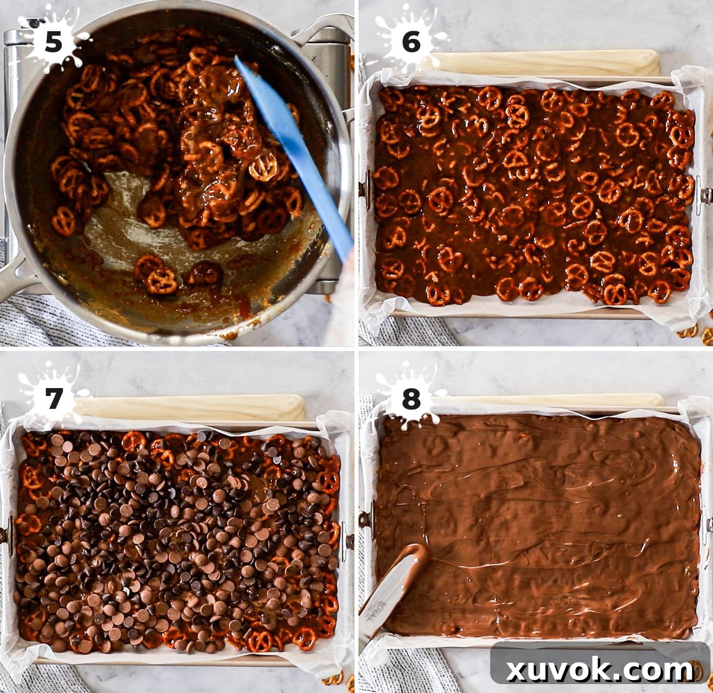 Visual guide showing how to assemble the pretzel Christmas crack, with chocolate being spread over the toffee-coated pretzels.