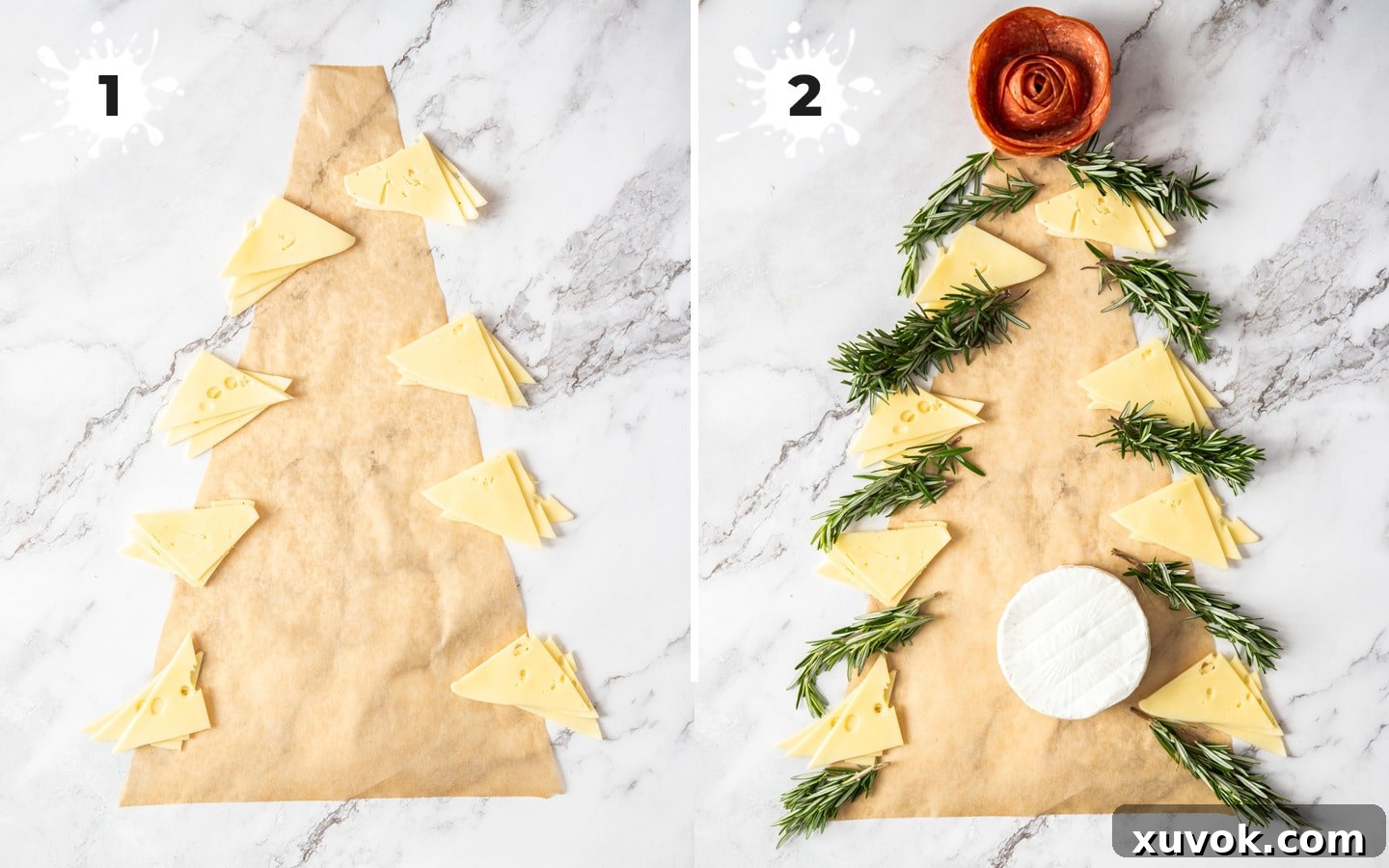 Starting with a parchment paper tree shape and adding cheese slices and rosemary.
