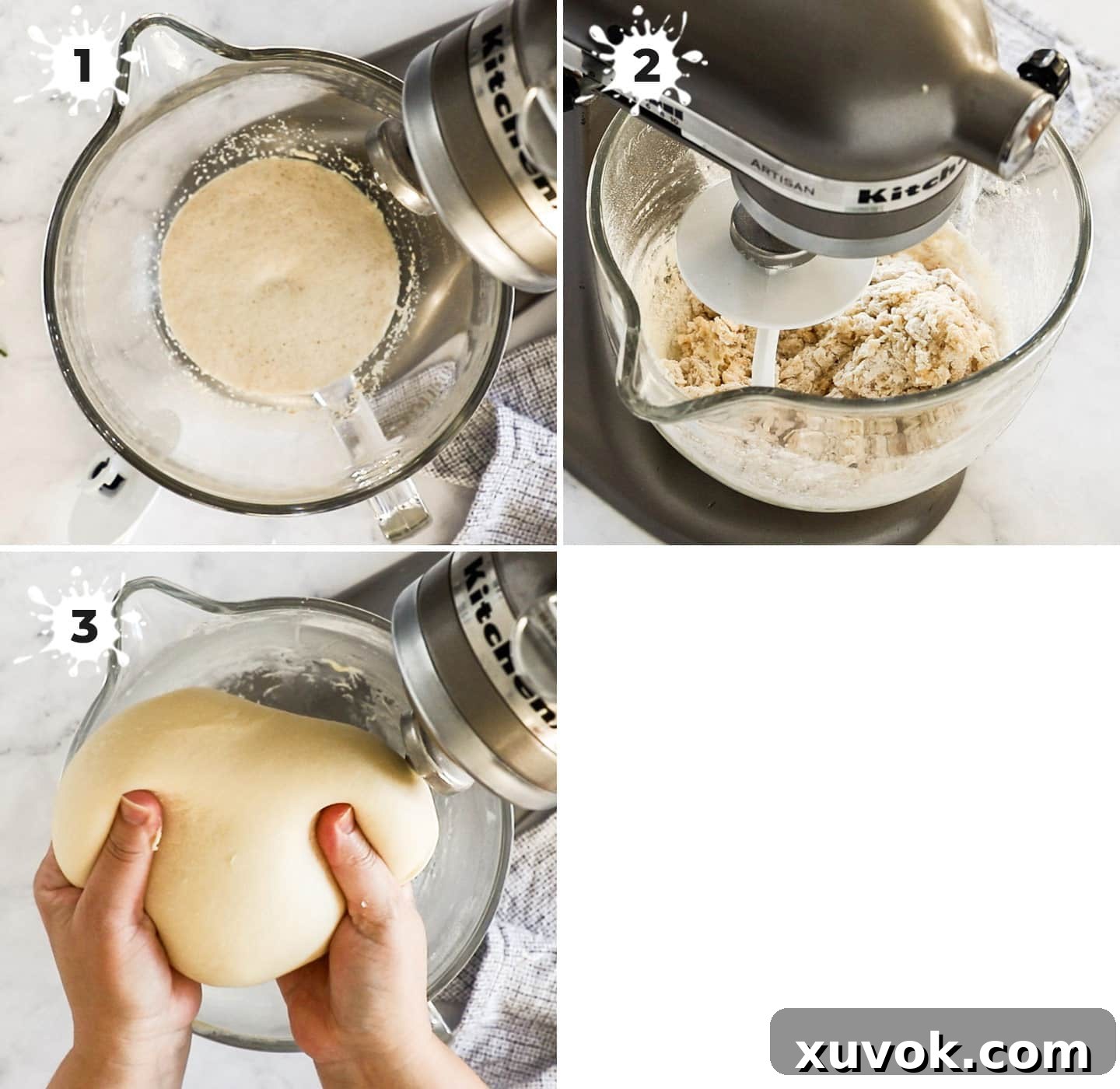 A sequence of images showing the process of mixing and kneading bread dough, from combining ingredients to a smooth, elastic ball.