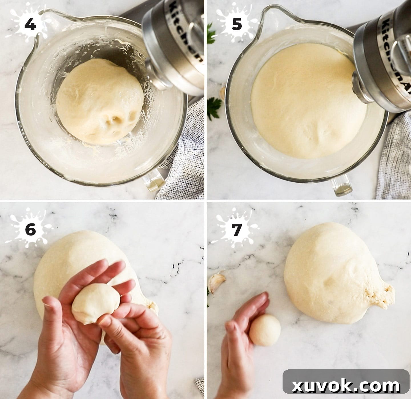 A sequence of images demonstrating the first rise of bread dough in a bowl, followed by the process of shaping individual dinner rolls.