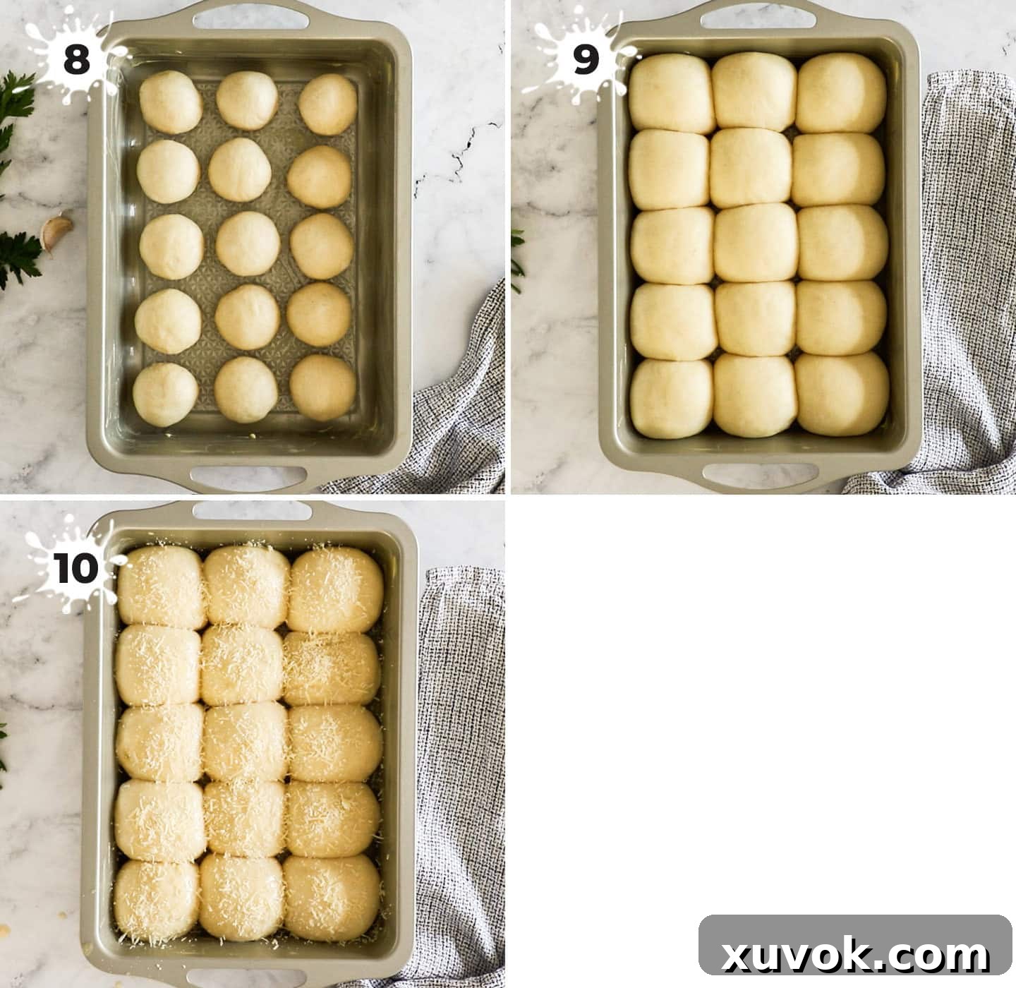 A baking pan filled with unbaked dinner rolls, showing the second rise, where the rolls have become puffy and doubled in size.