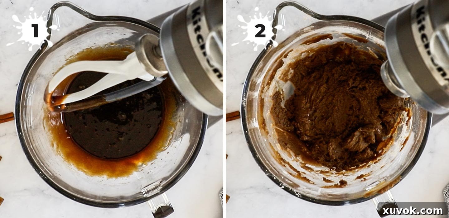 A step-by-step collage demonstrating the process of mixing the gingerbread crinkle cookie dough in a bowl, showcasing the consistency.
