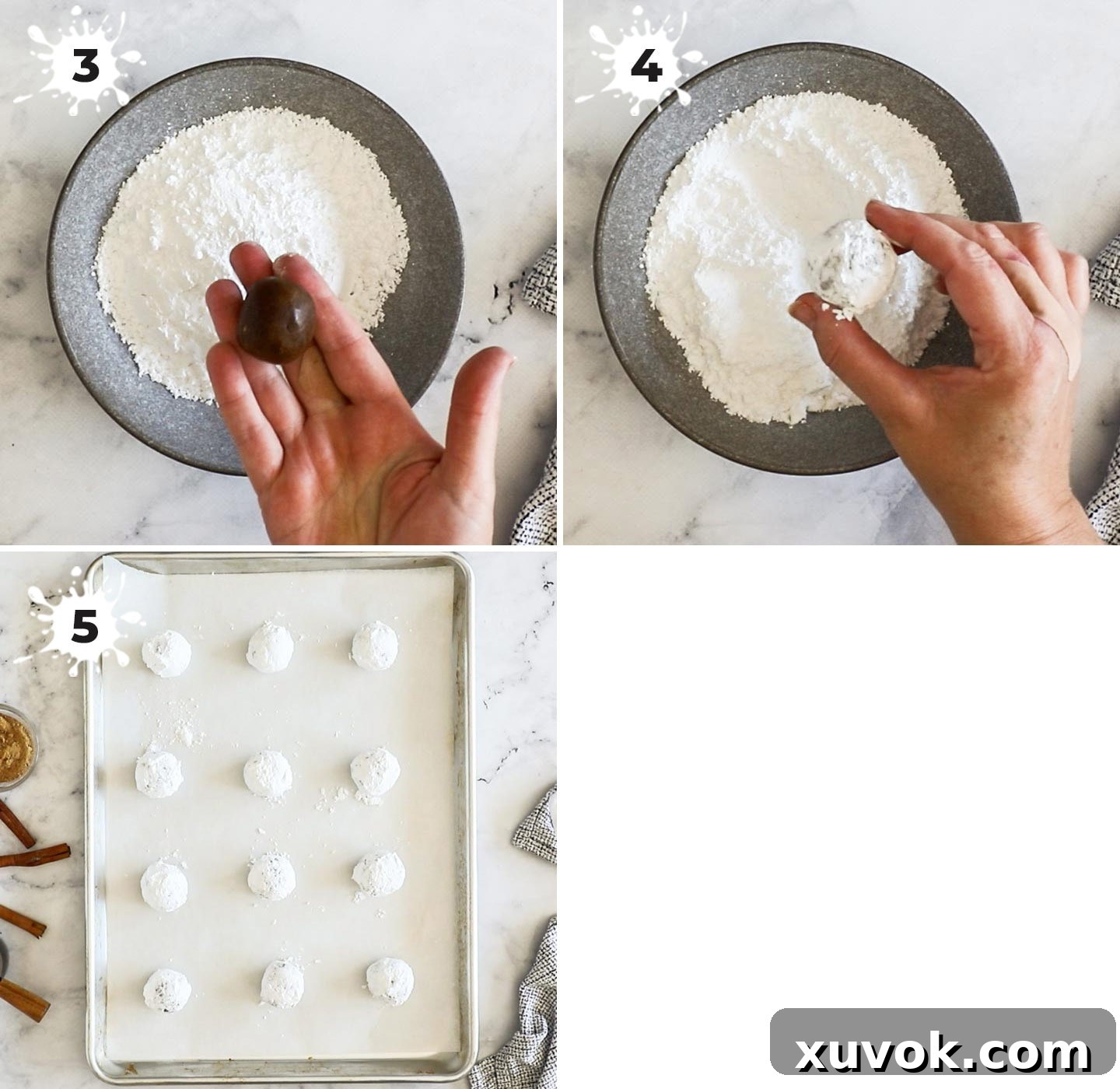 A visual guide in a collage format demonstrating how to roll the gingerbread crinkle cookie dough into balls and coat them in powdered sugar before baking.
