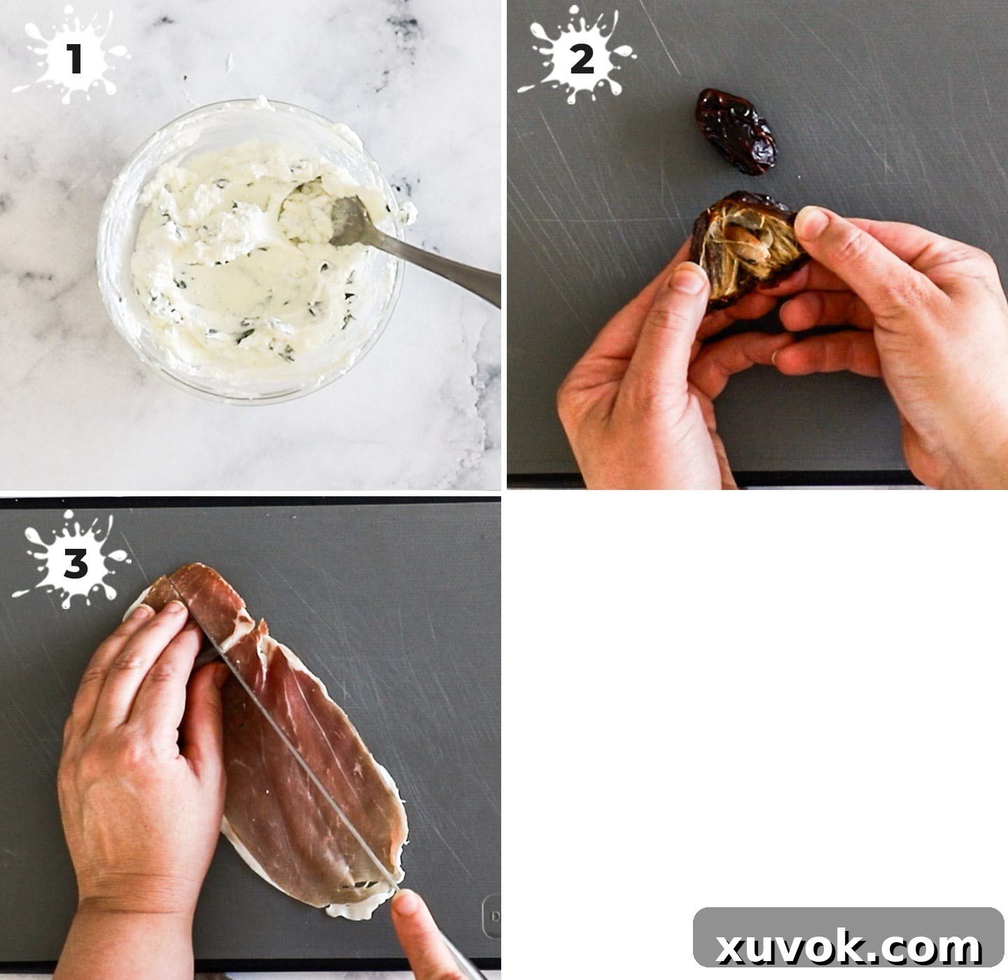 Prepping ingredients for prosciutto wrapped dates: mixing goat cheese and thyme, pitting dates, and slicing prosciutto.