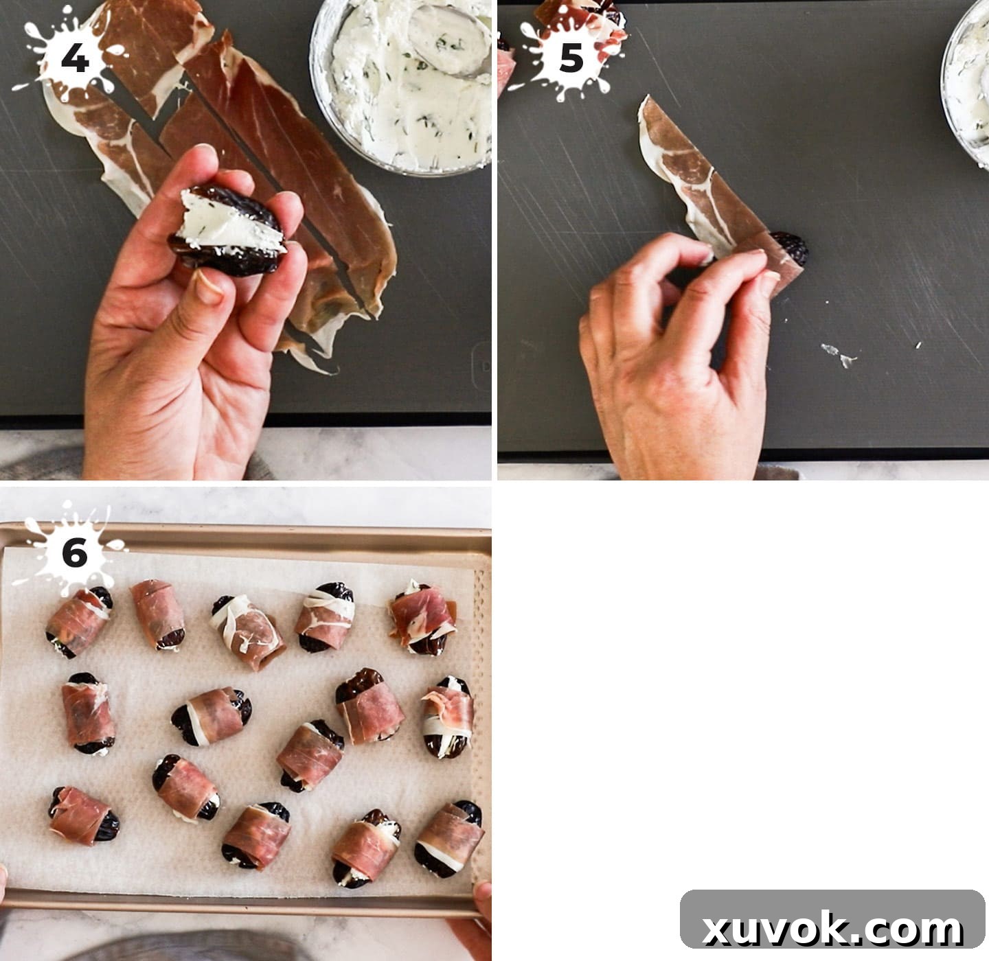 Steps for assembling prosciutto wrapped dates: stuffing, wrapping, and arranging on a baking sheet.