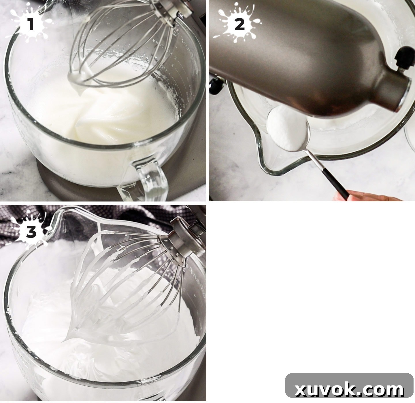Visual steps of making meringue for the roulade, from soft peaks to stiff, glossy meringue.