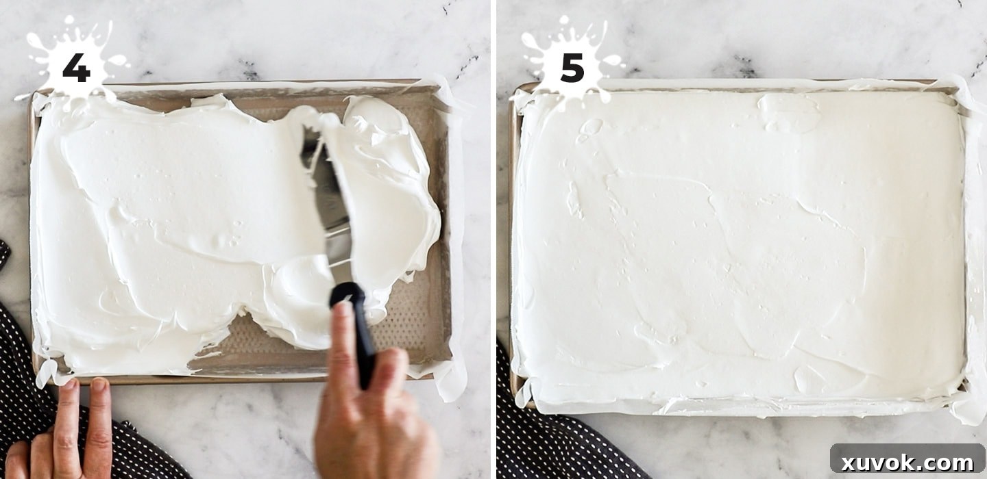 Steps showing how to spread meringue evenly on a baking sheet and its appearance after baking.