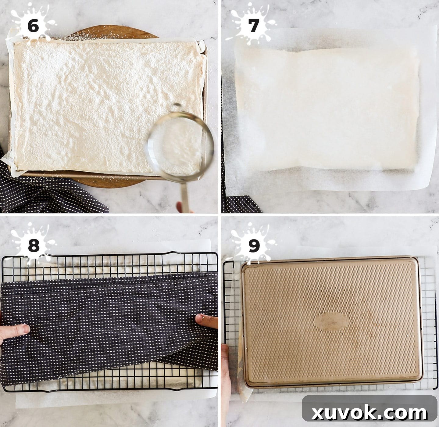 Detailed steps showing the process of flipping the baked meringue onto a cooling rack.