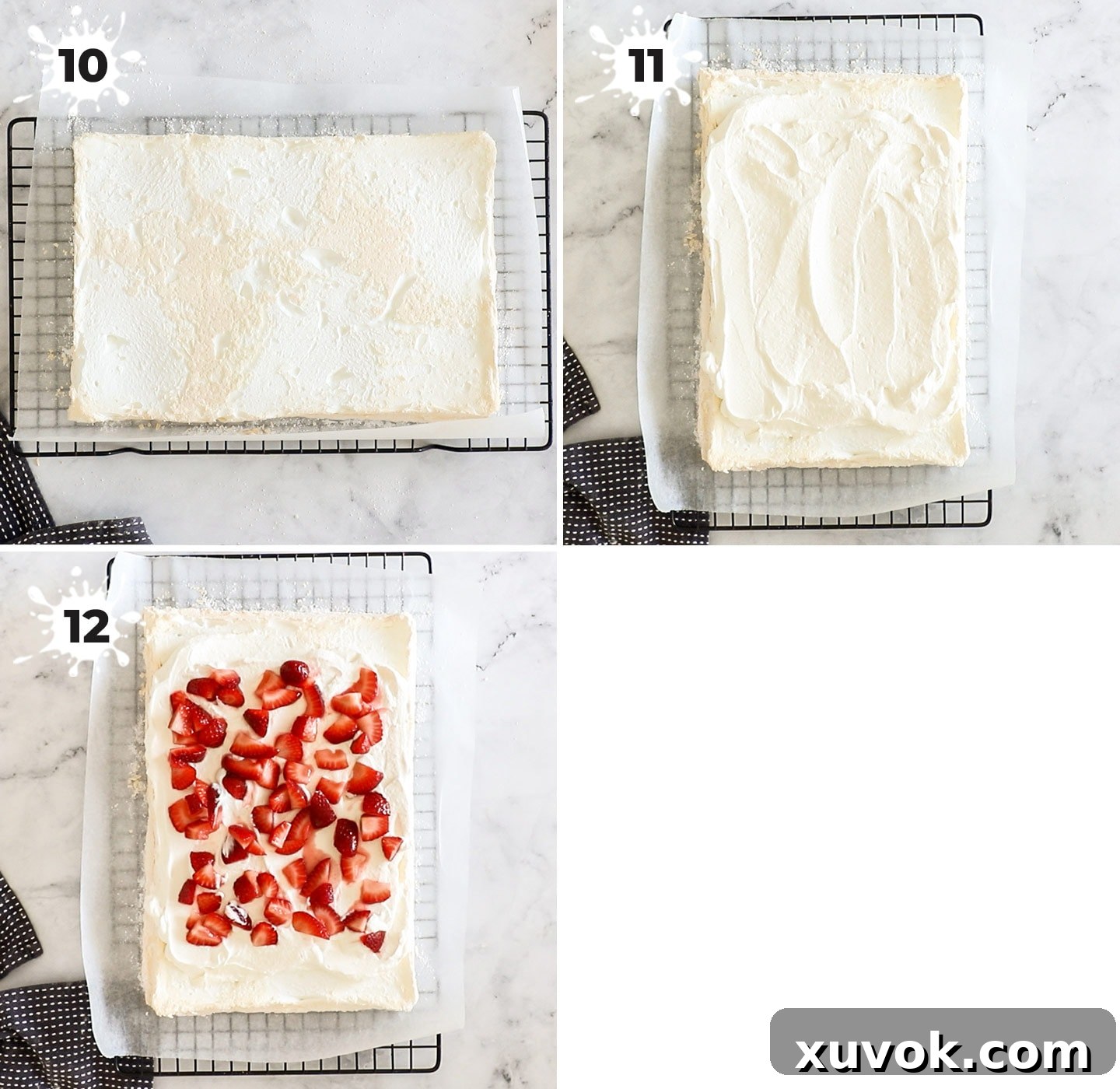 Illustrations of spreading cream and scattering strawberries on the meringue sheet.