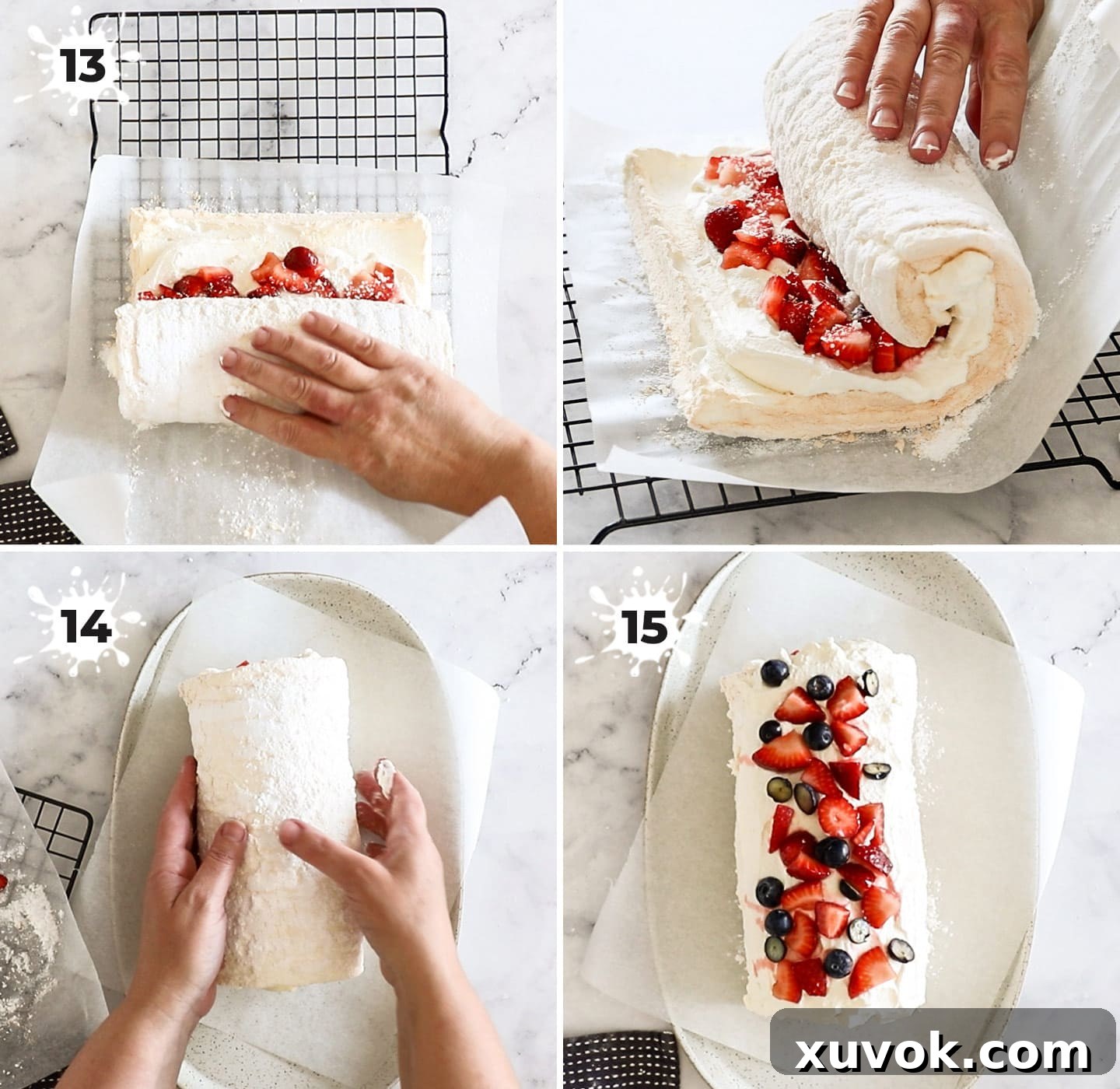 Images demonstrating how to gently roll the meringue and transfer it to a serving platter.