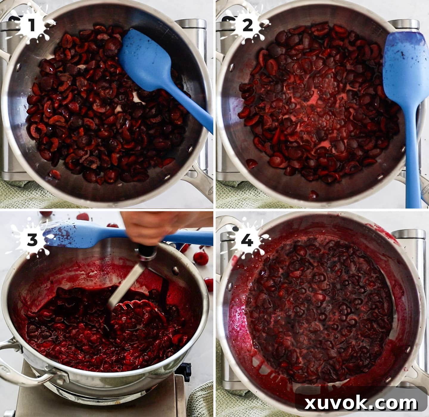 A four-panel image illustrating the step-by-step process of making the homemade cherry sauce for Black Forest Ice Cream.