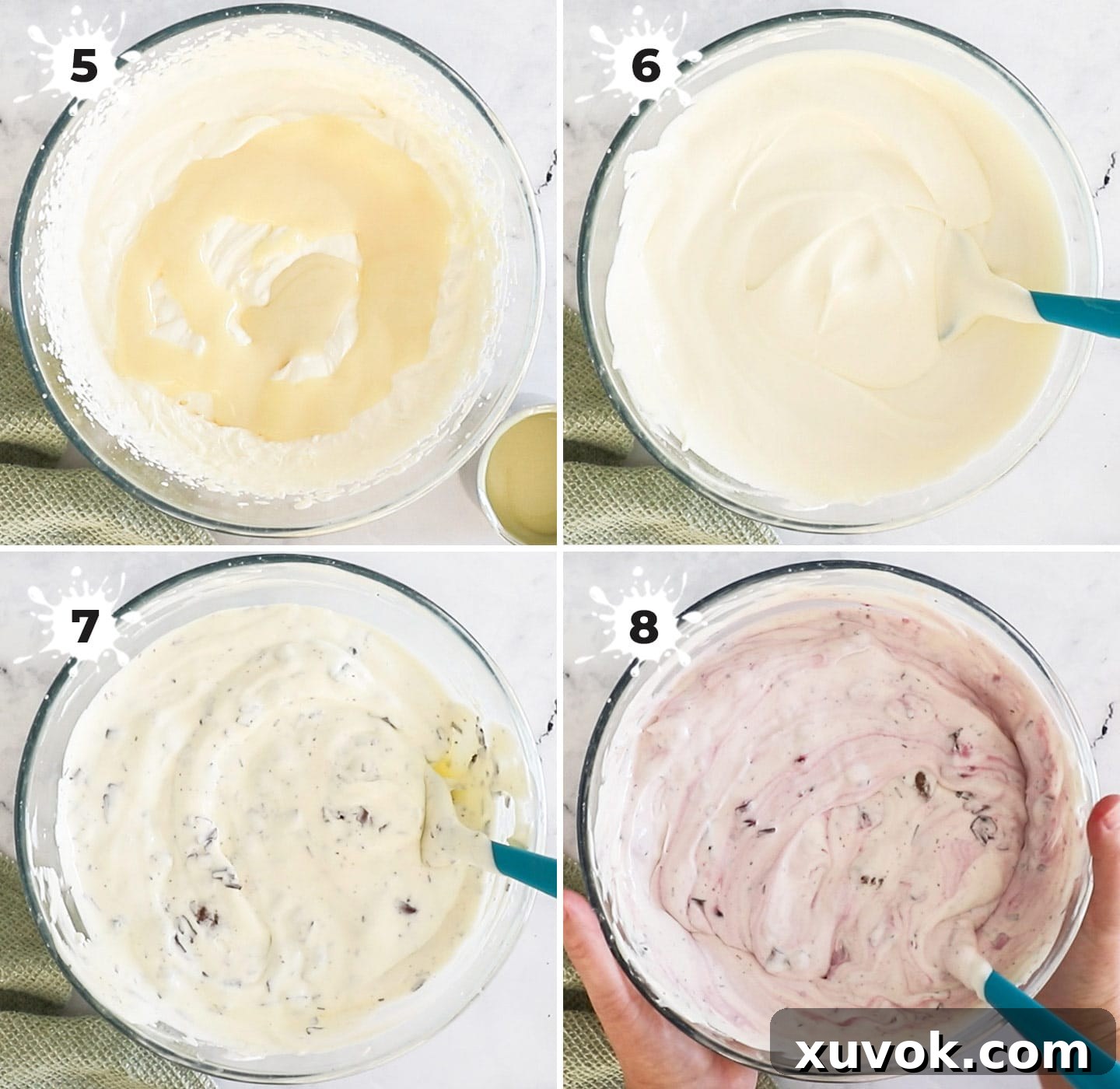 A four-panel image demonstrating the process of mixing the ice cream base and folding in chocolate and cherry sauce.