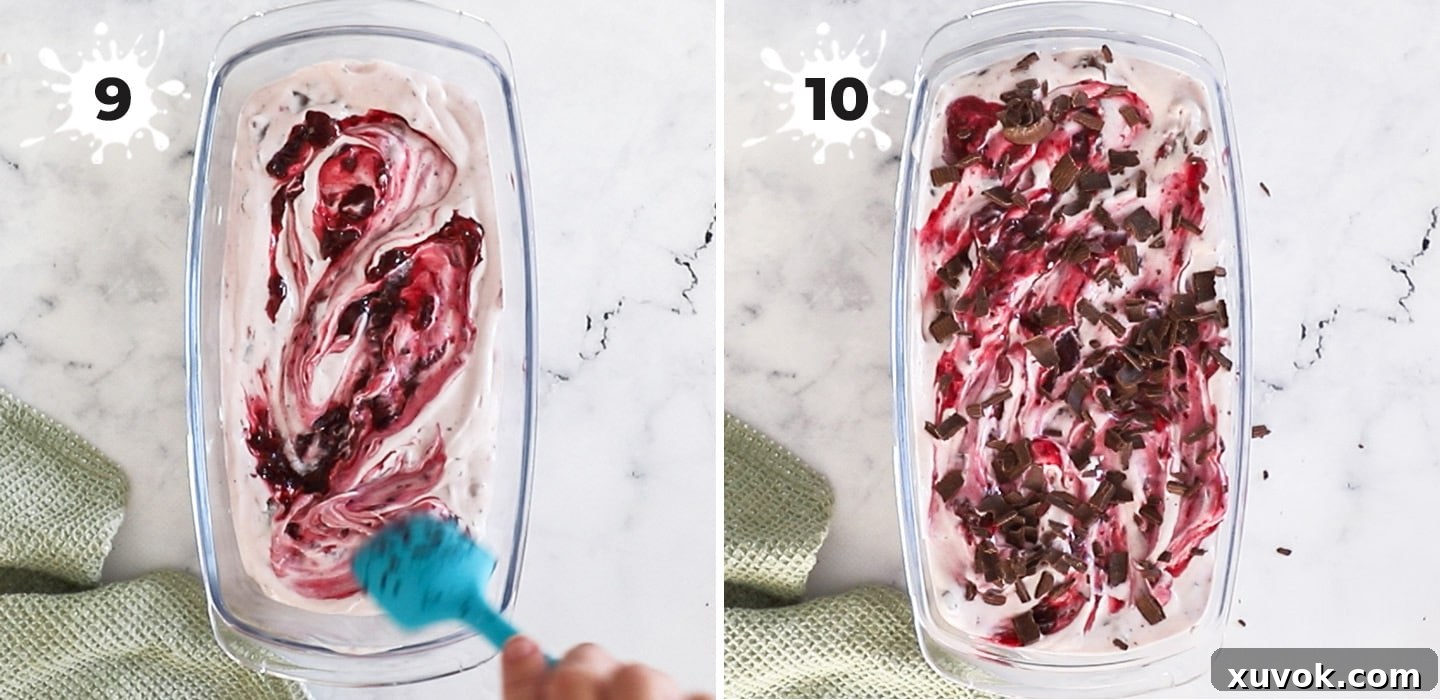 A two-panel image showing the final steps of swirling cherry sauce into the ice cream and garnishing with chocolate shavings.