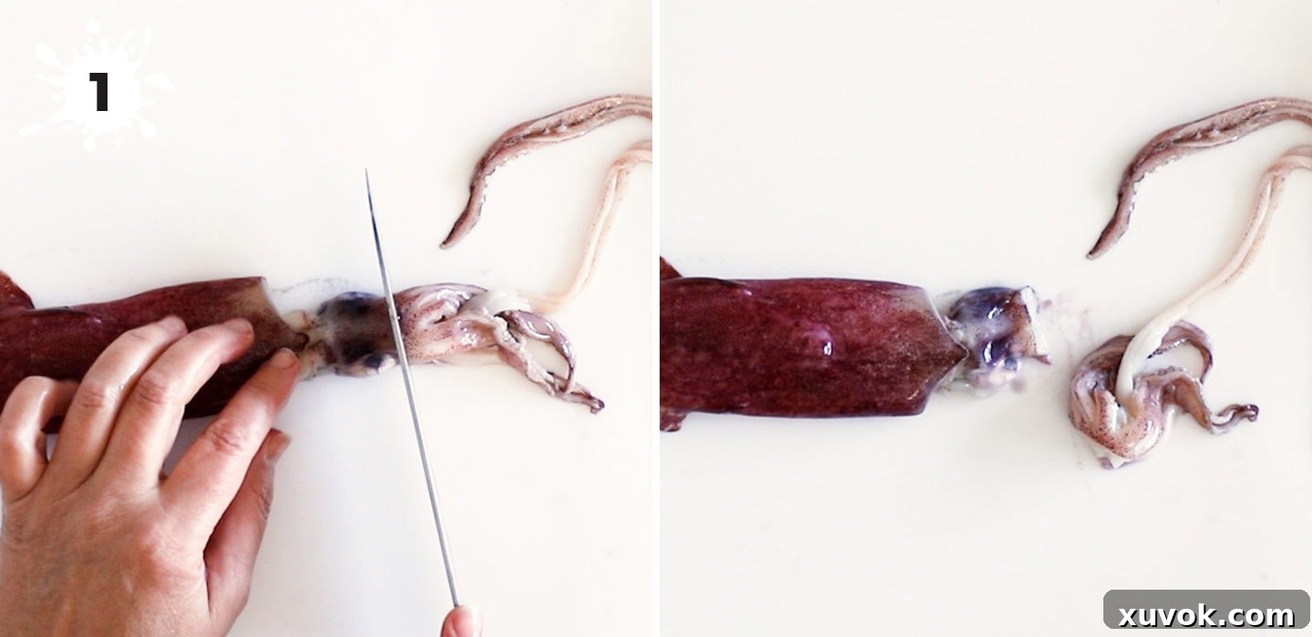 Cutting the tentacles away from the squid body just below the eyes.
