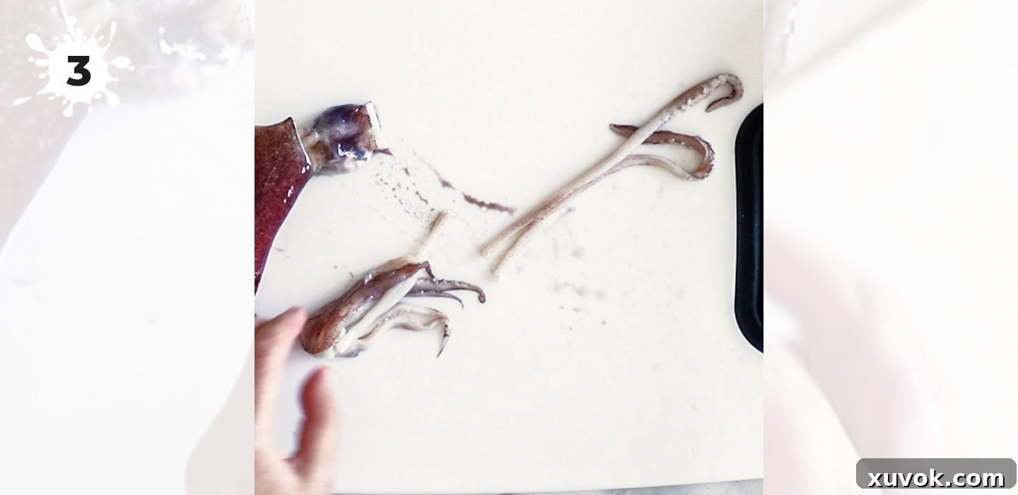 Cutting the squid tentacles into smaller, manageable pieces for cooking.