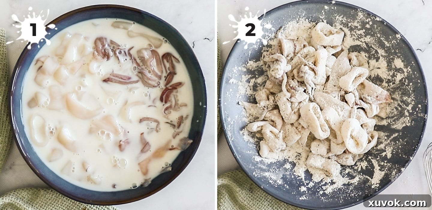 Showing how to coat the squid.