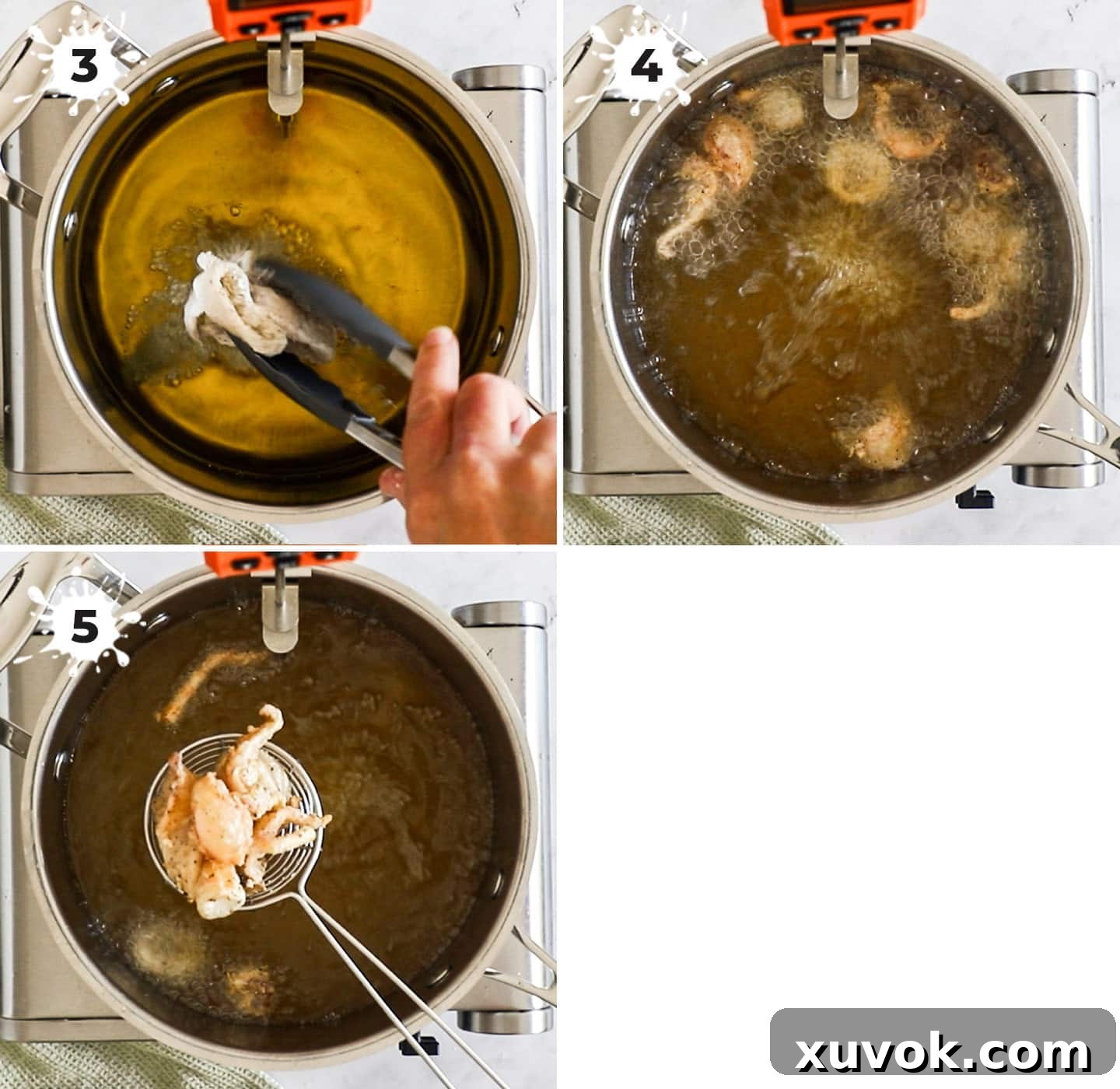 Showing how to deep fry the squid.