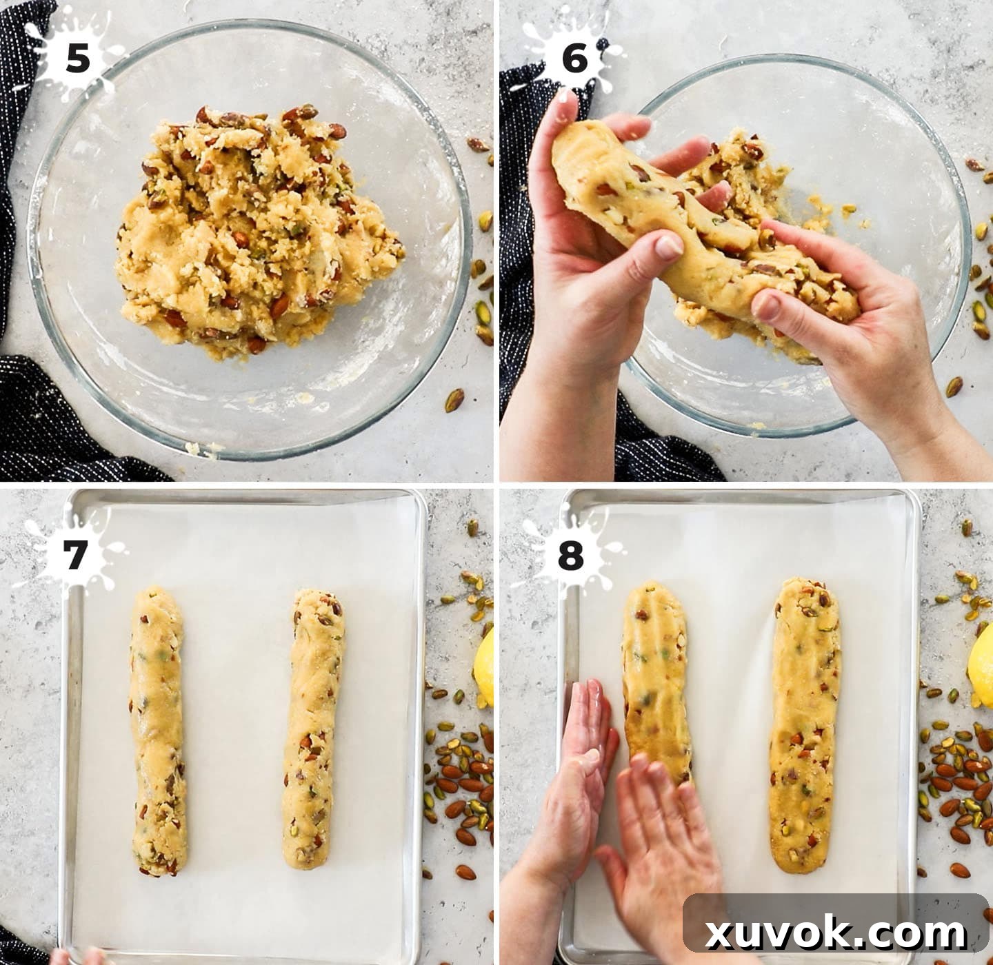 Showing how to shape the biscotti dough.