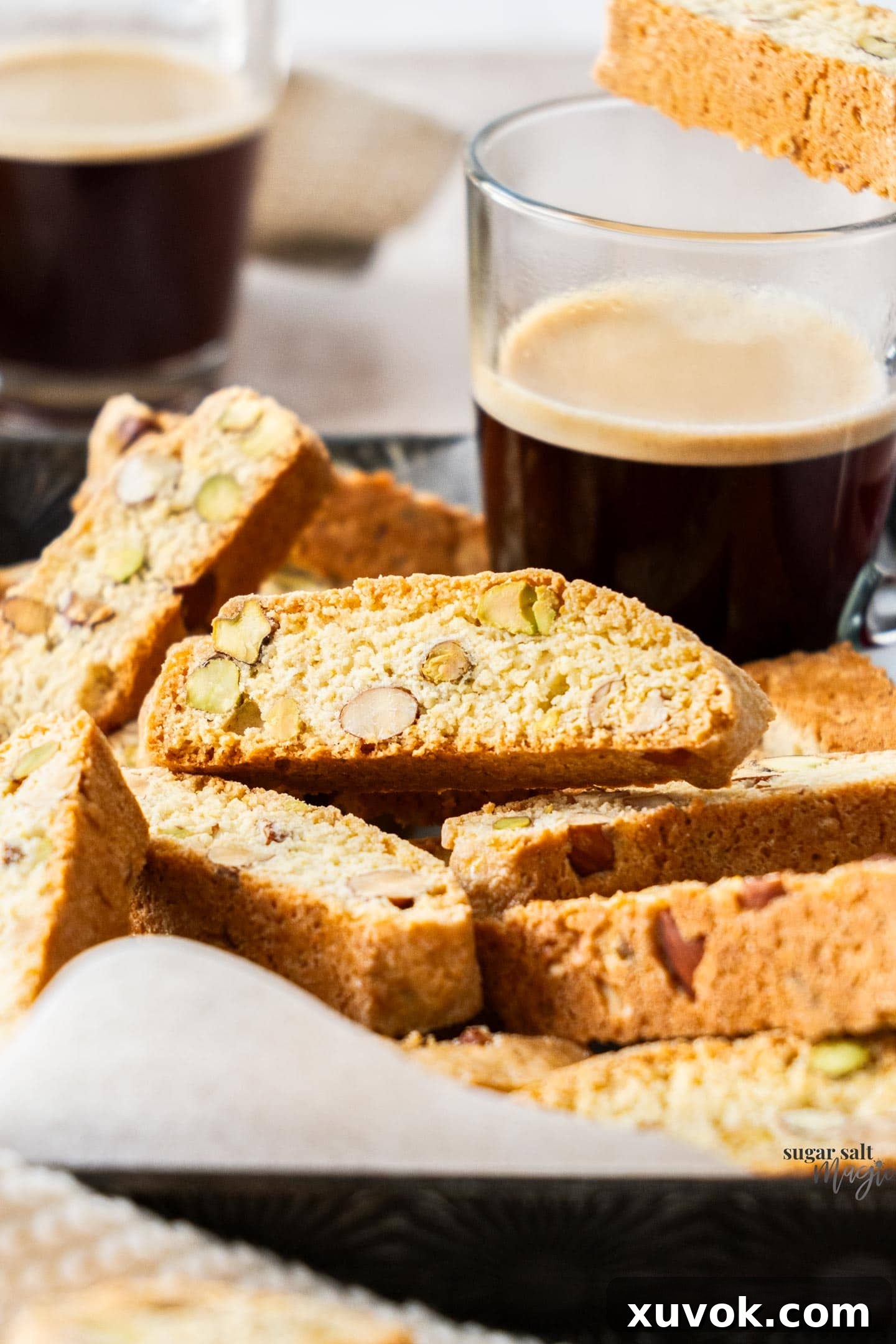 Closeup of a slice of lemon biscotti.