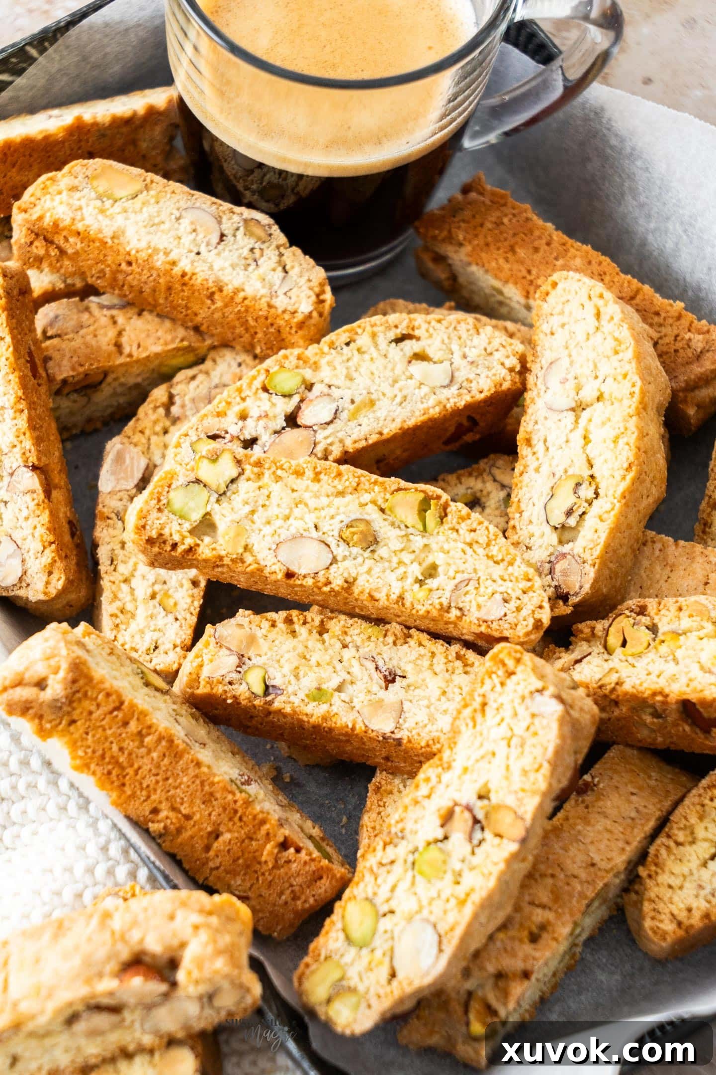 A pile of lemon biscotti in a tray.