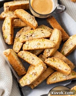 Top down view of biscotti pieces in a tray.