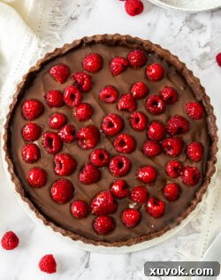 Top down view of a chocolate tart studded with raspberries.