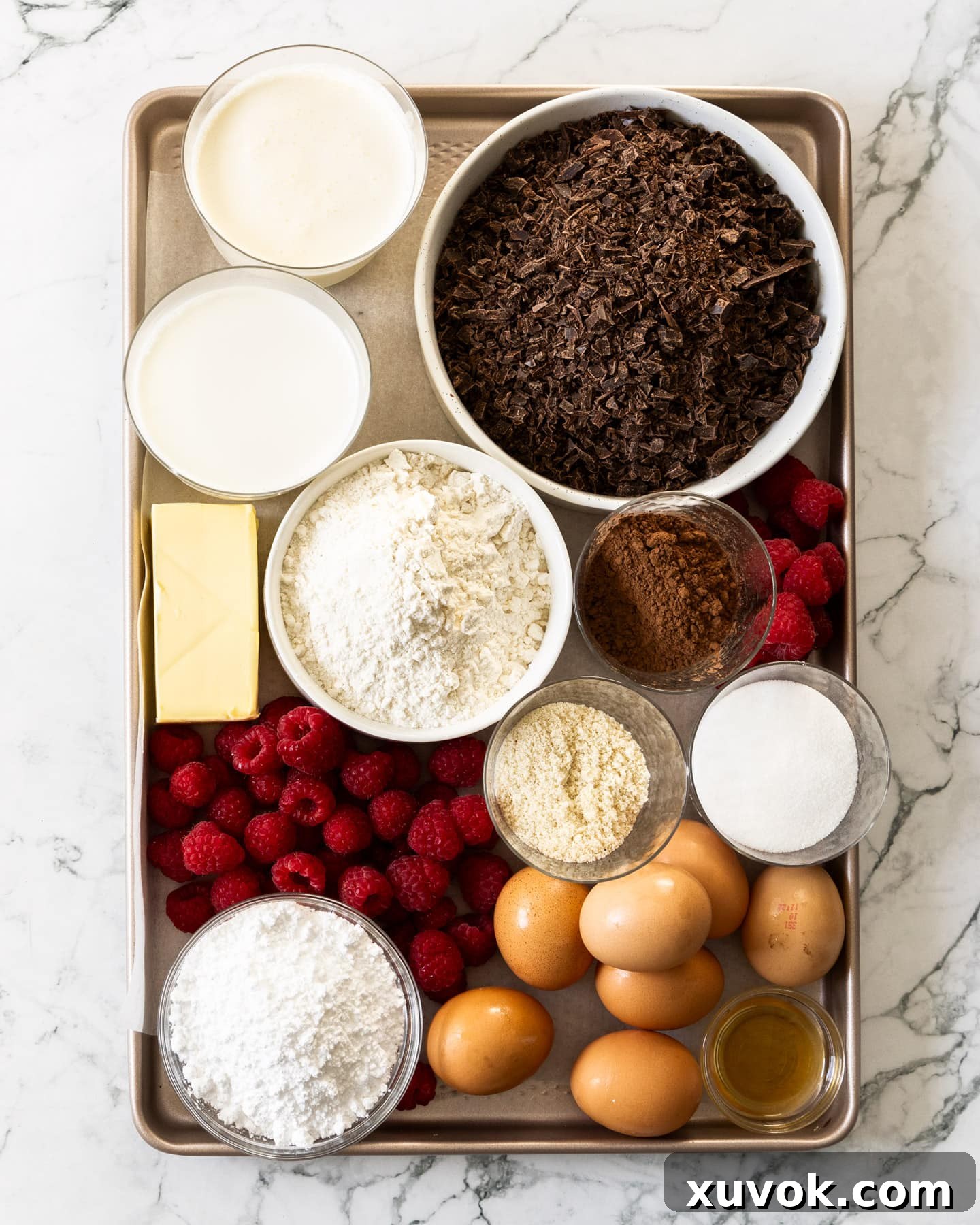 Ingredients for chocolate raspberry tart.