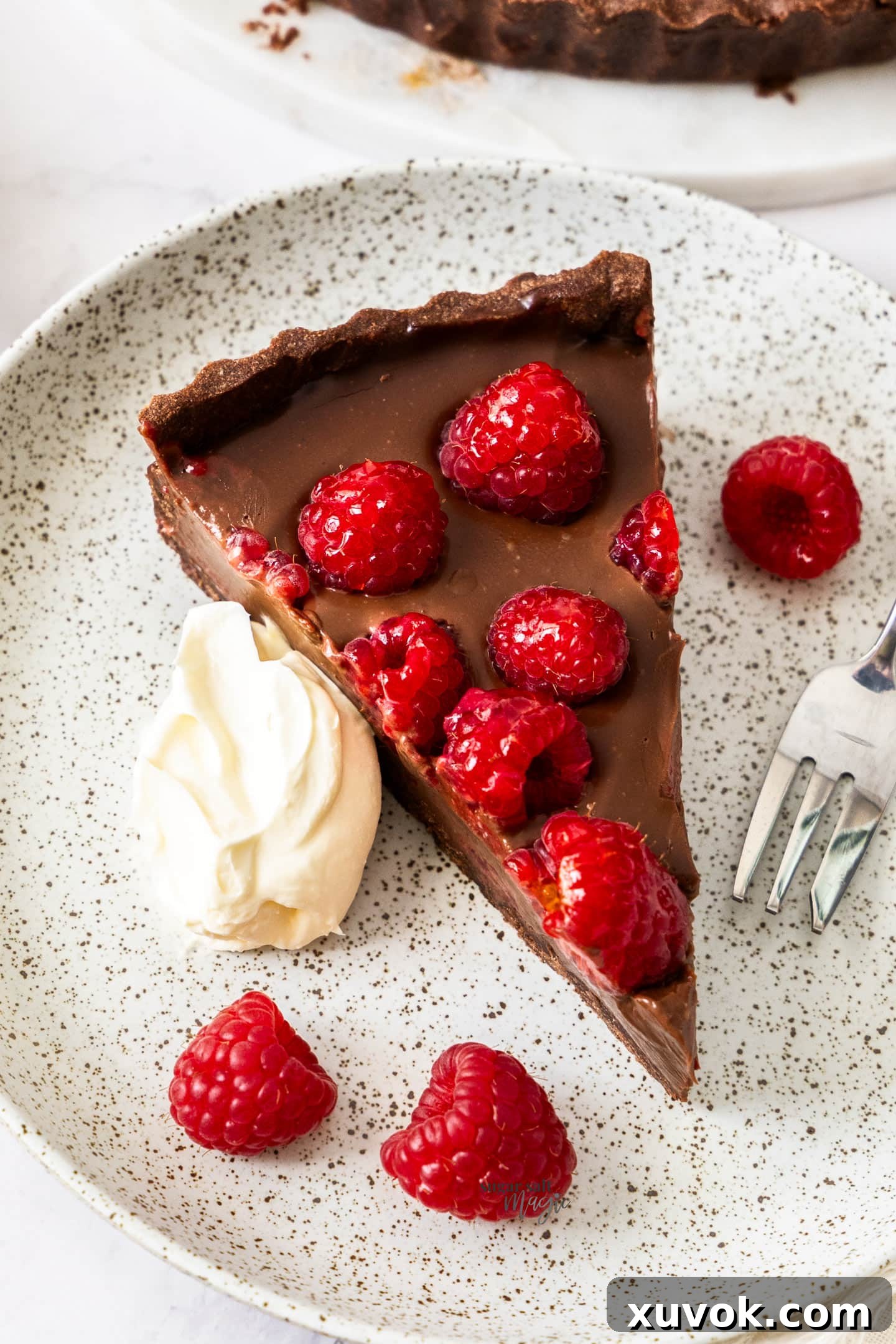 A slice of chocolate raspberry tart.