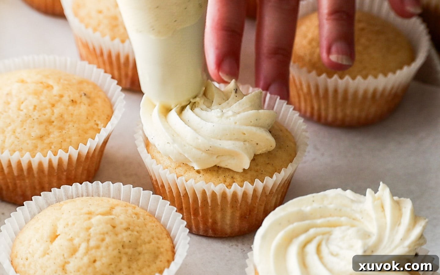 Piping beautiful swirls of vanilla bean buttercream onto baked cupcakes.