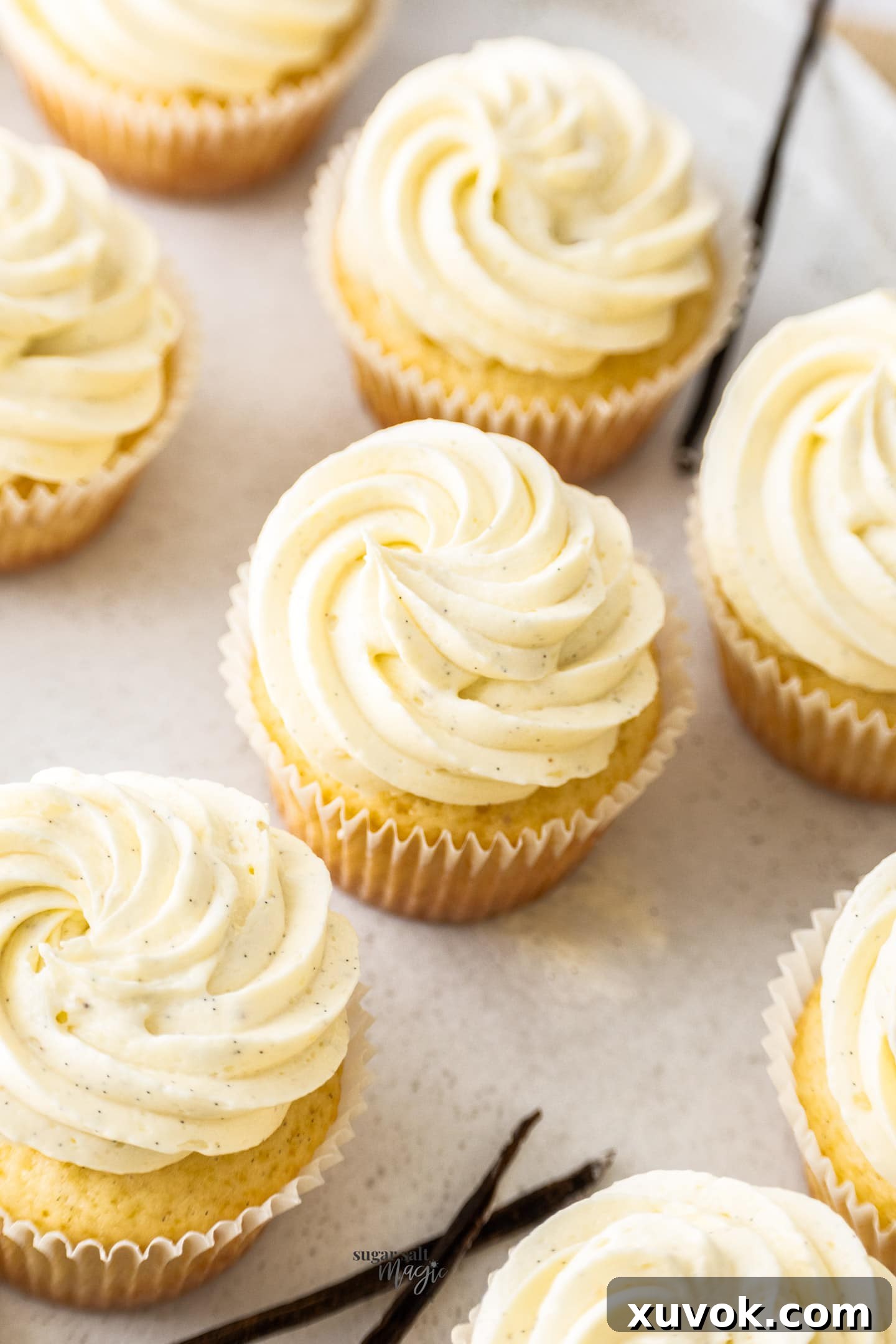 Looking down at a batch of baked vanilla cupcakes, ready for frosting.
