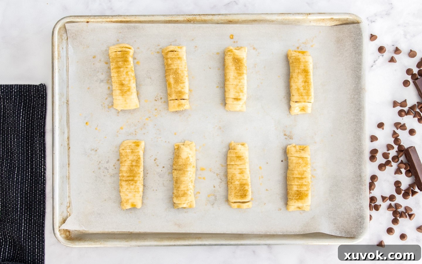 Chocolate puff pastries ready for baking.