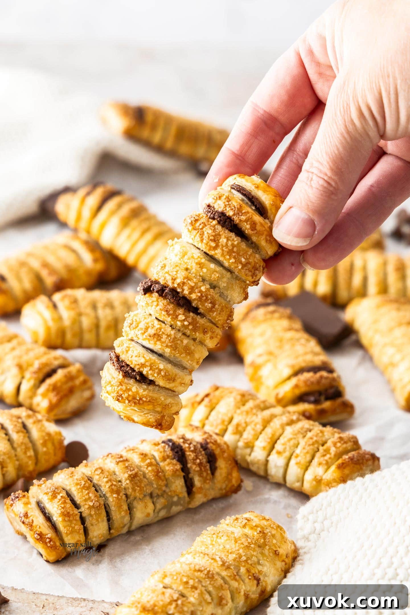 A hand holding a chocolate pastry.