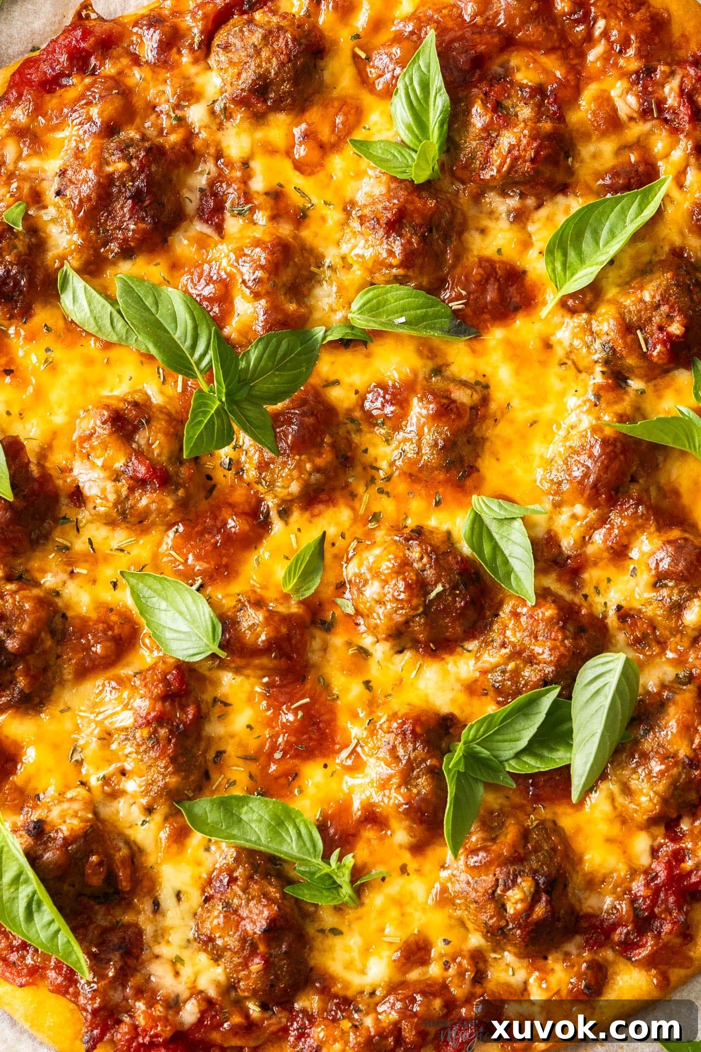 Top down view closeup of the meatball pizza.