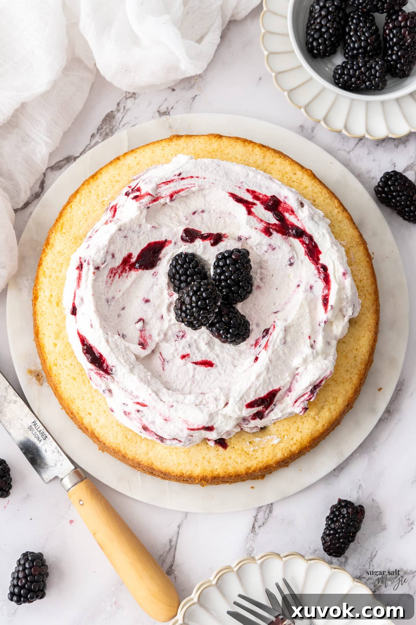 A beautifully presented Lemon Blackberry Cake topped with swirled cream and fresh blackberries, ready to be served.