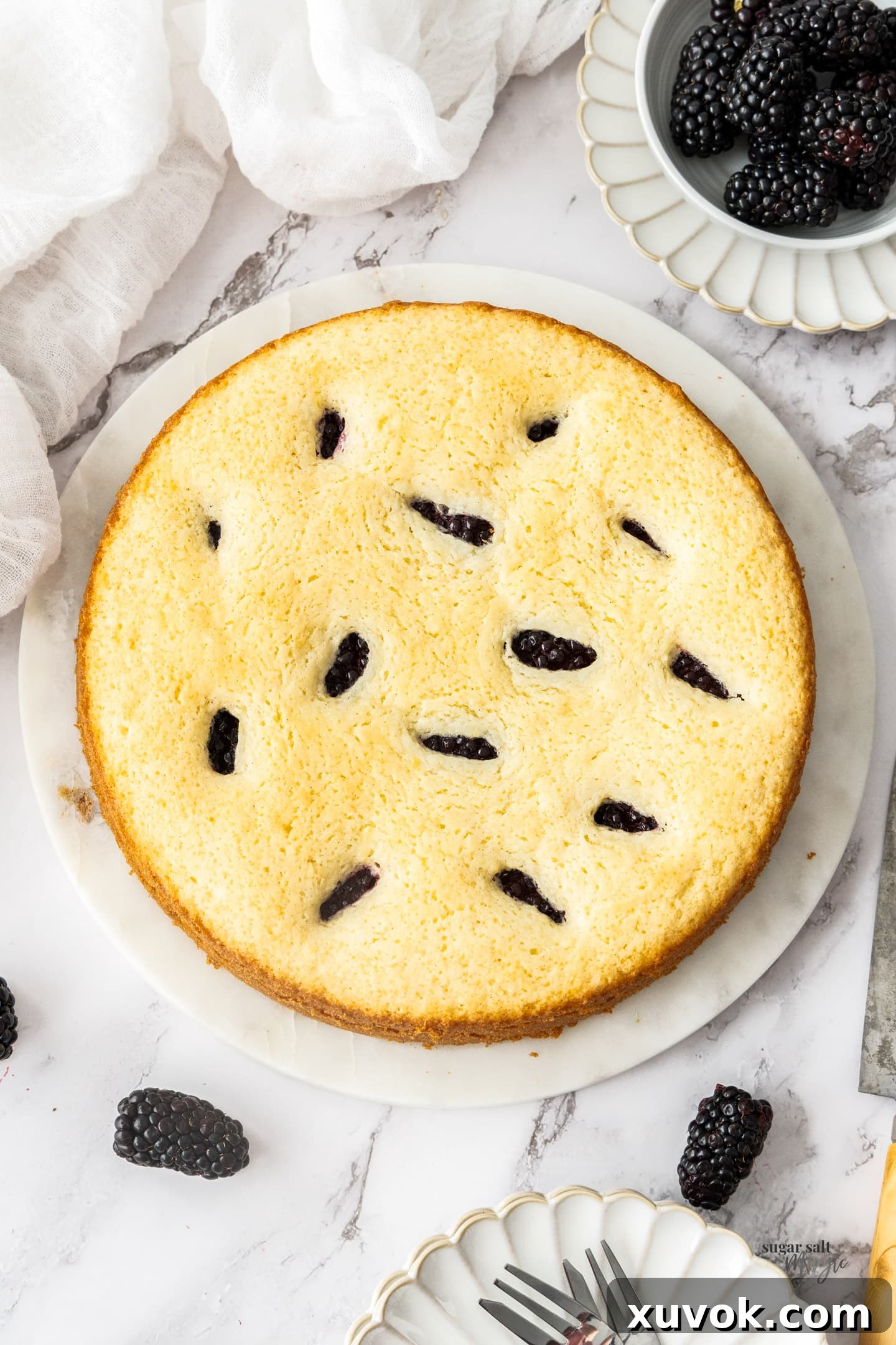The perfectly baked lemon blackberry cake, golden brown and untopped, cooling on a wire rack.