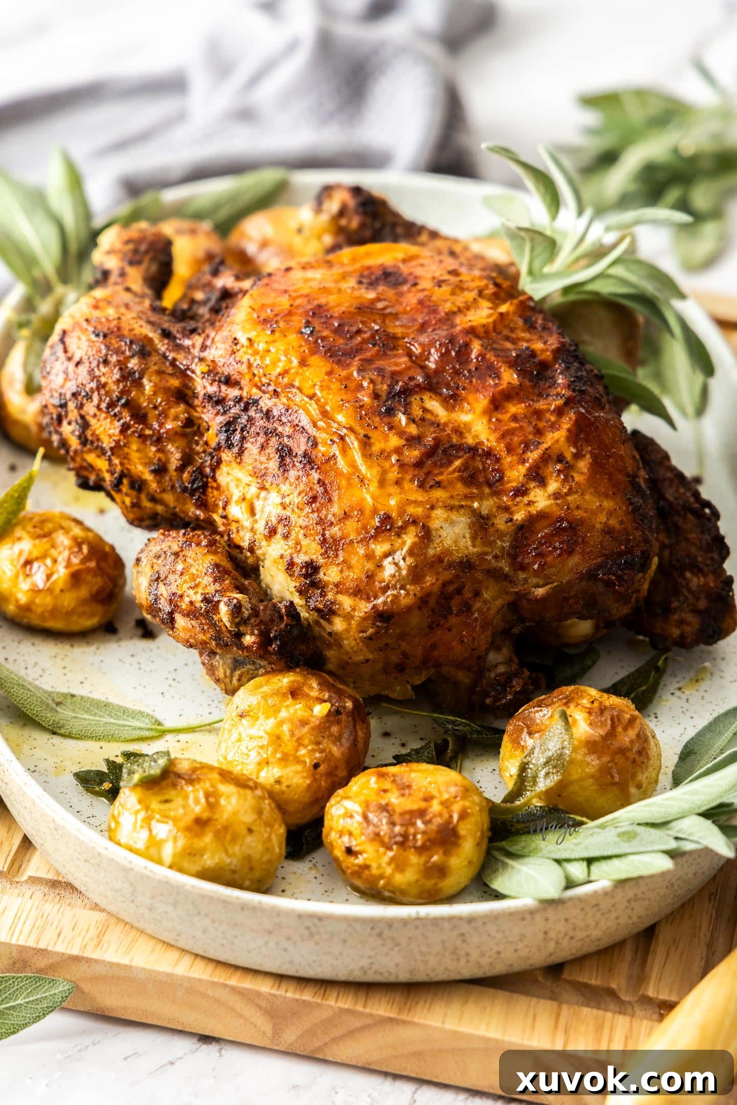 A whole air fryer roast chicken on a platter.