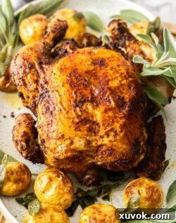 Whole air fryer roast chicken with sage potatoes in a serving platter.