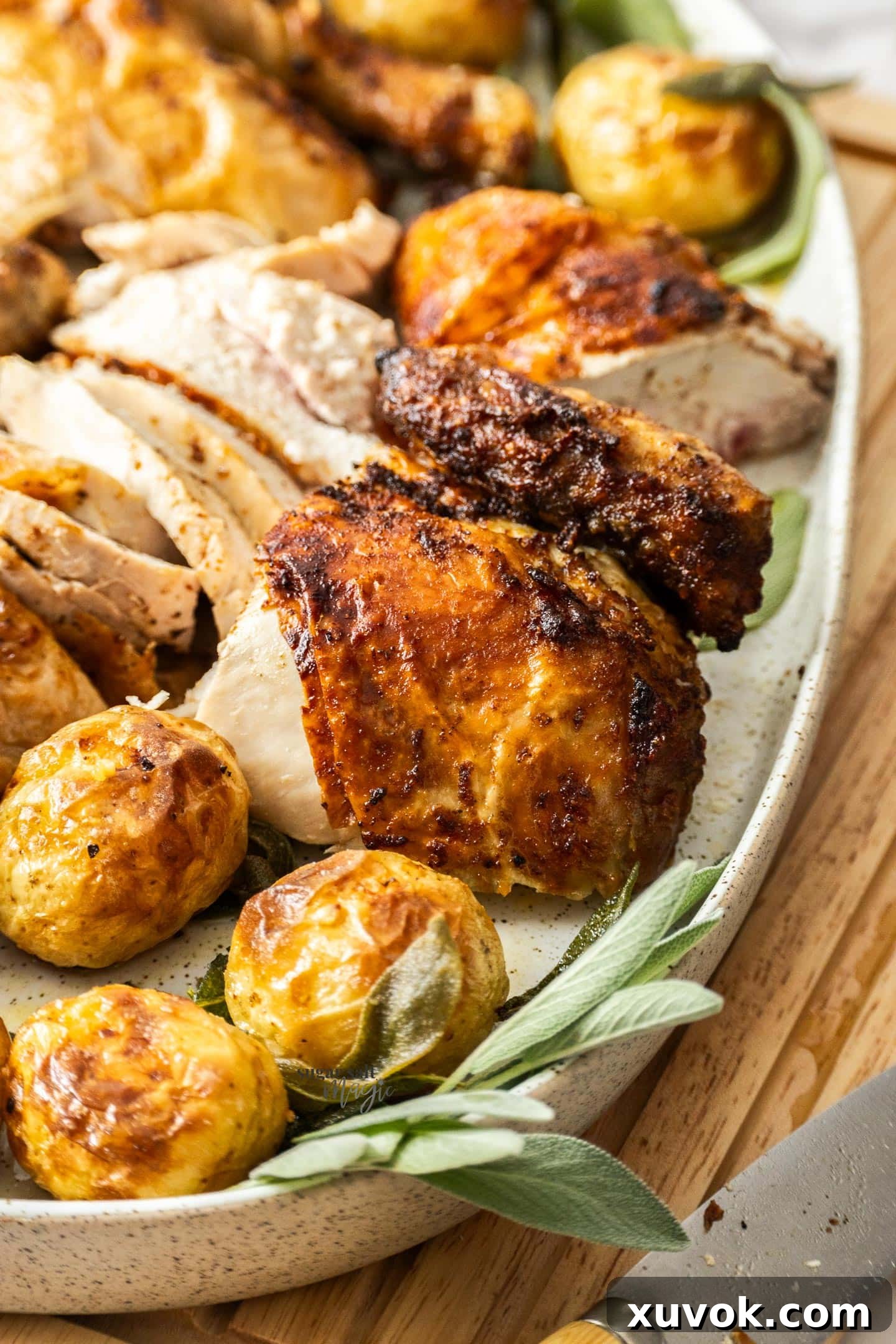 Closeup of a wing portion of air fryer roast chicken