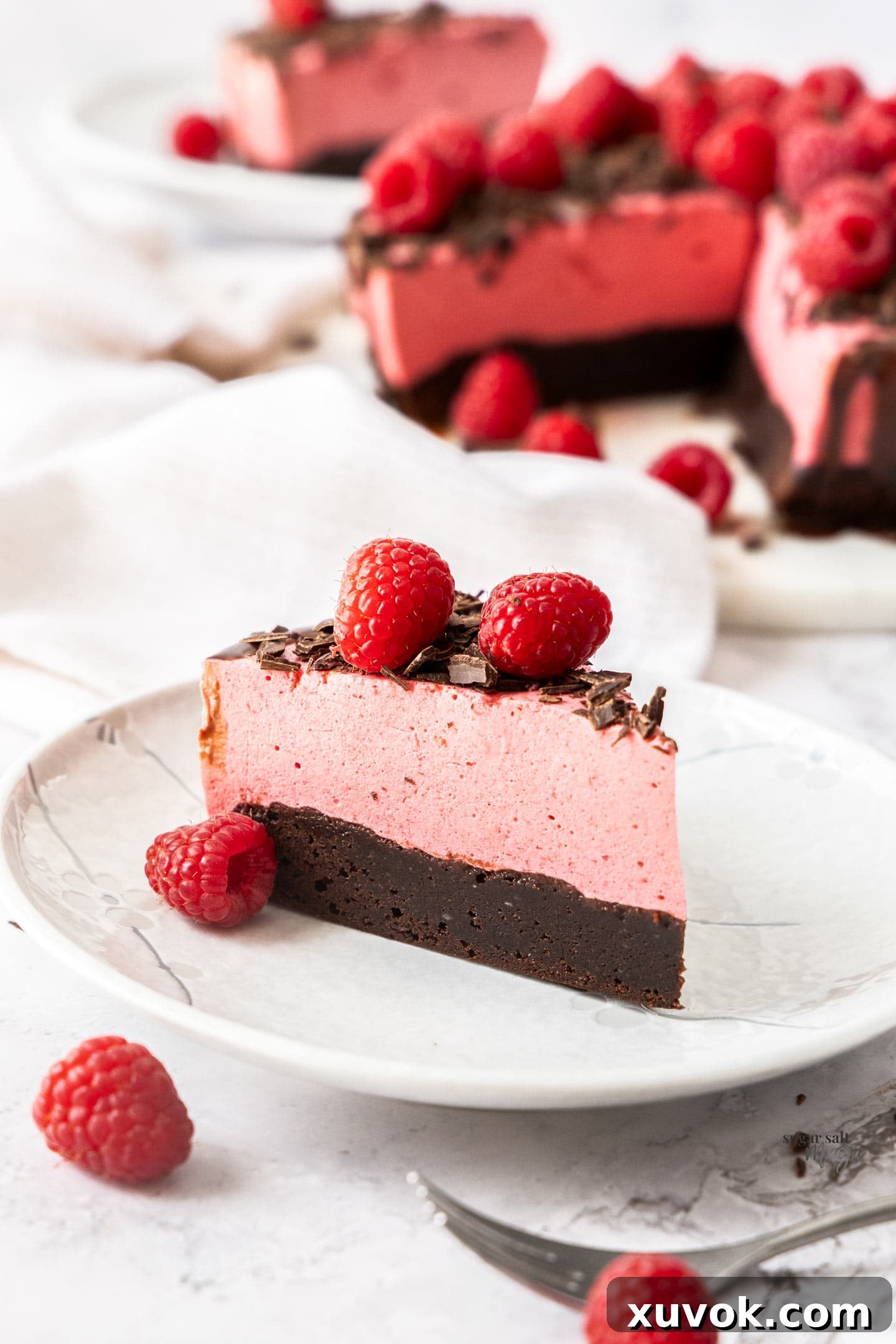 A beautiful slice of raspberry mousse cake on a dessert plate, showcasing the distinct layers.
