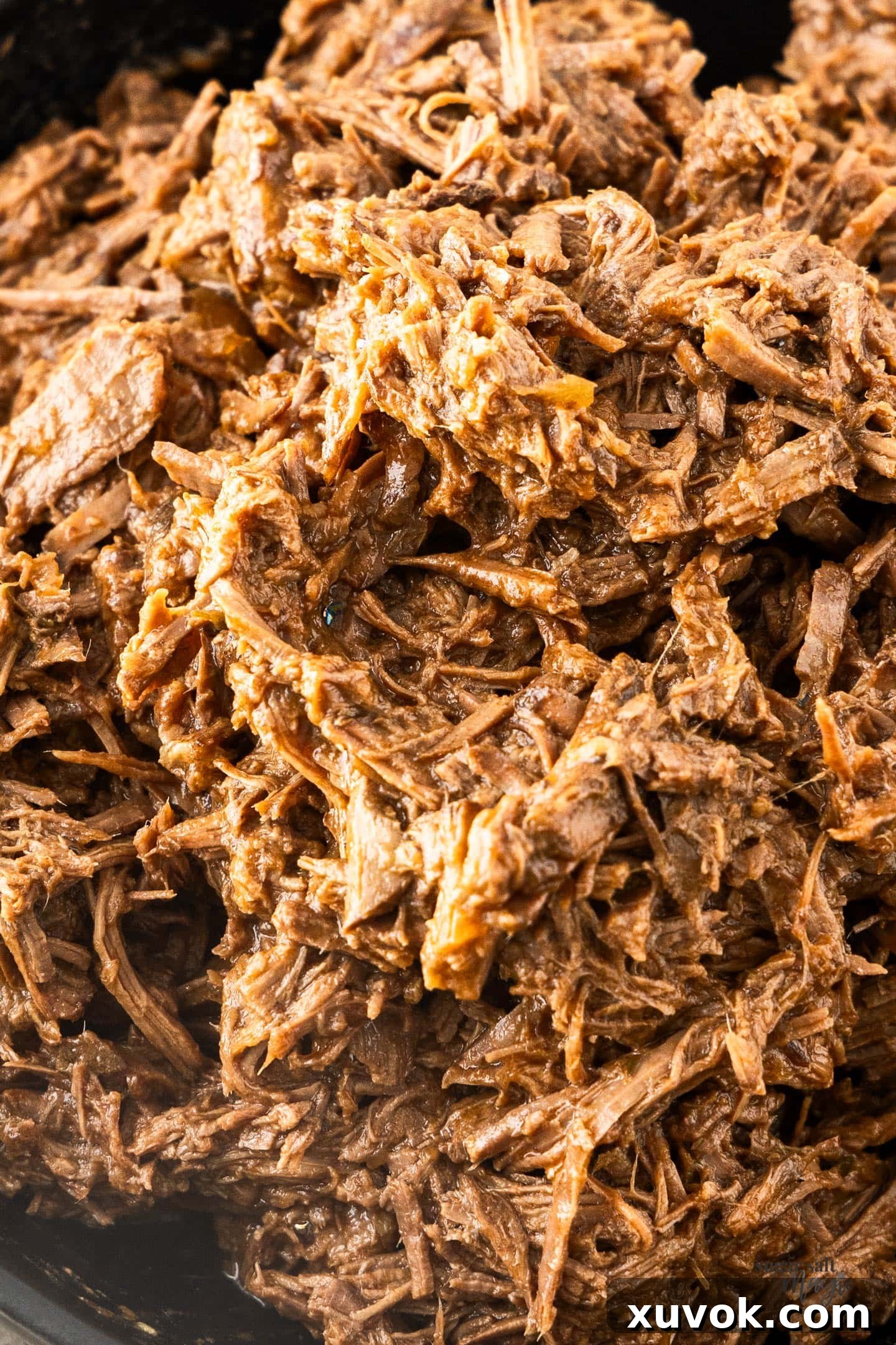 Close-up shot of the rich, tender pulled beef, showcasing its texture.