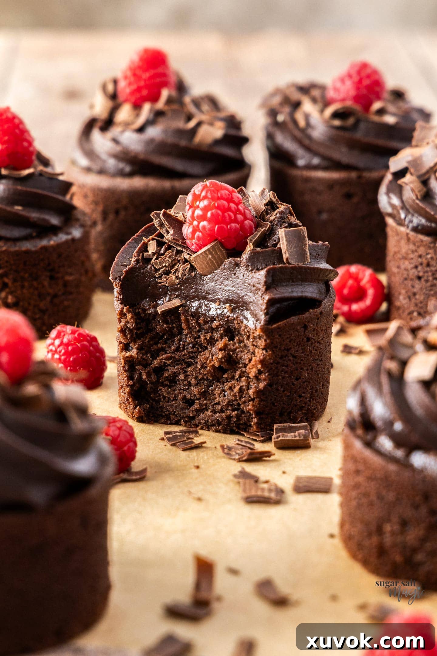 A close-up view of a rich, moist chocolate mini cake with a fluffy texture visible inside.