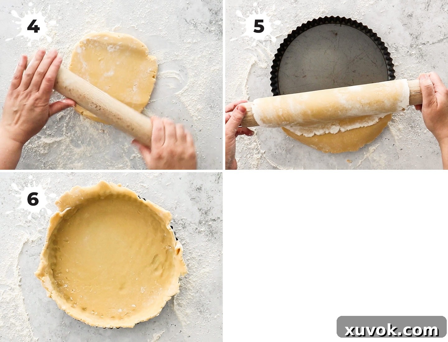 A collage showing how to line a tart pan with pastry dough.