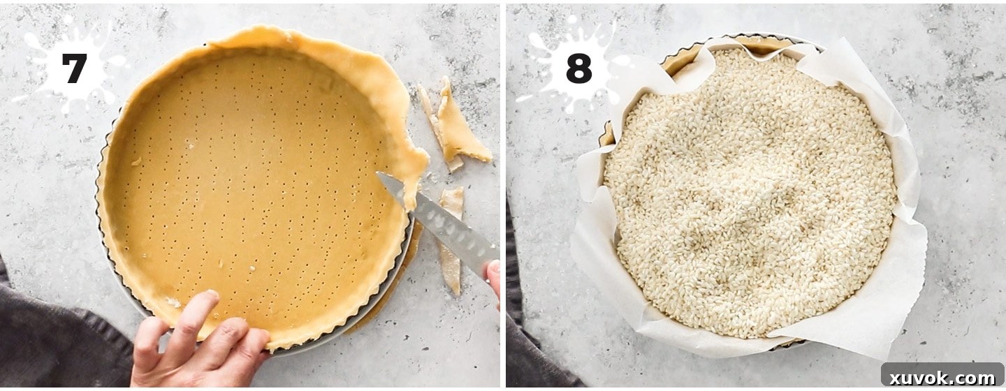 Two images showing how to prepare the tart shell for blind baking.
