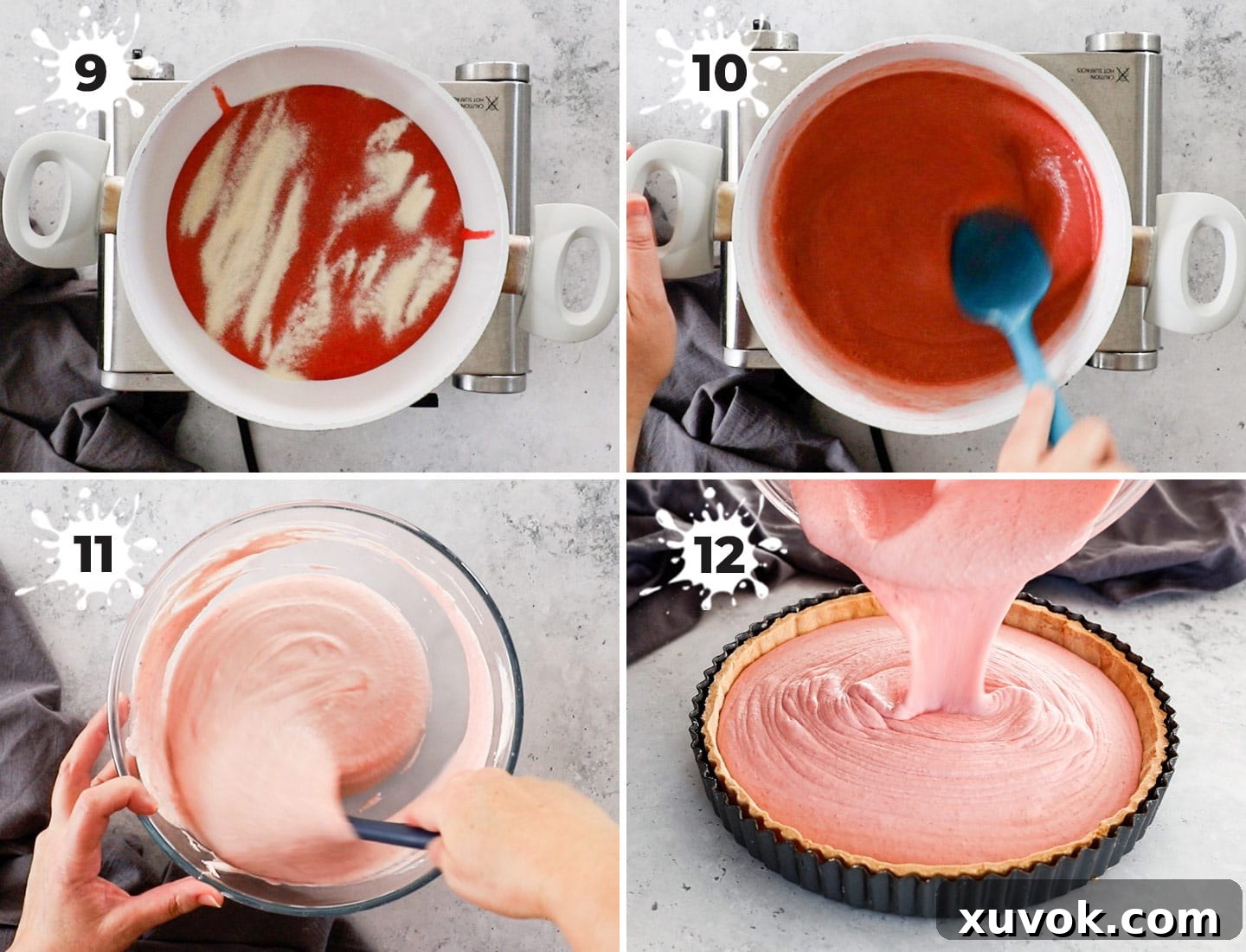 A collage showing the steps to make the strawberry mousse filling.