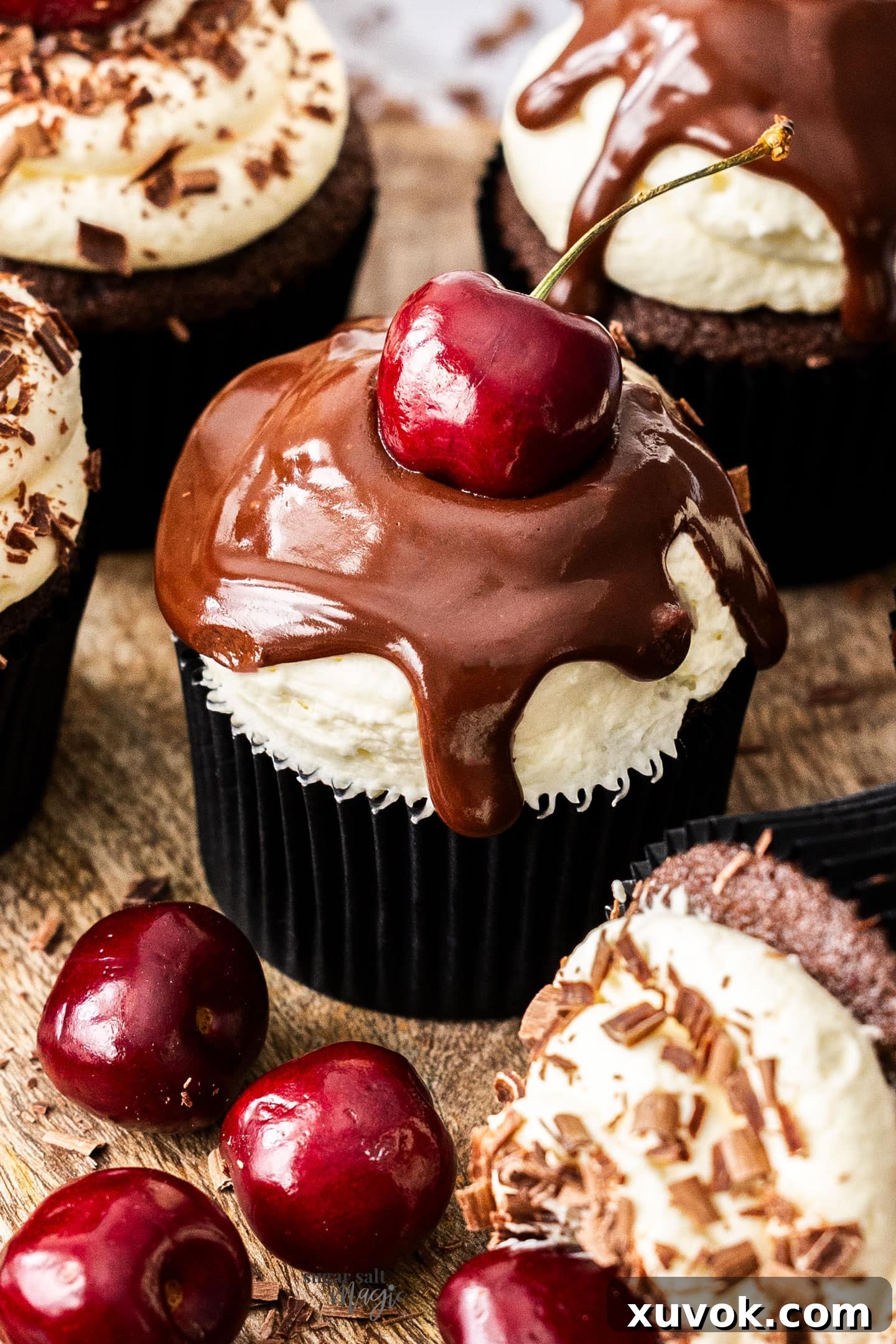 Closeup of a single Black Forest Cupcake with a fresh cherry on top, highlighting the rich chocolate and creamy topping.
