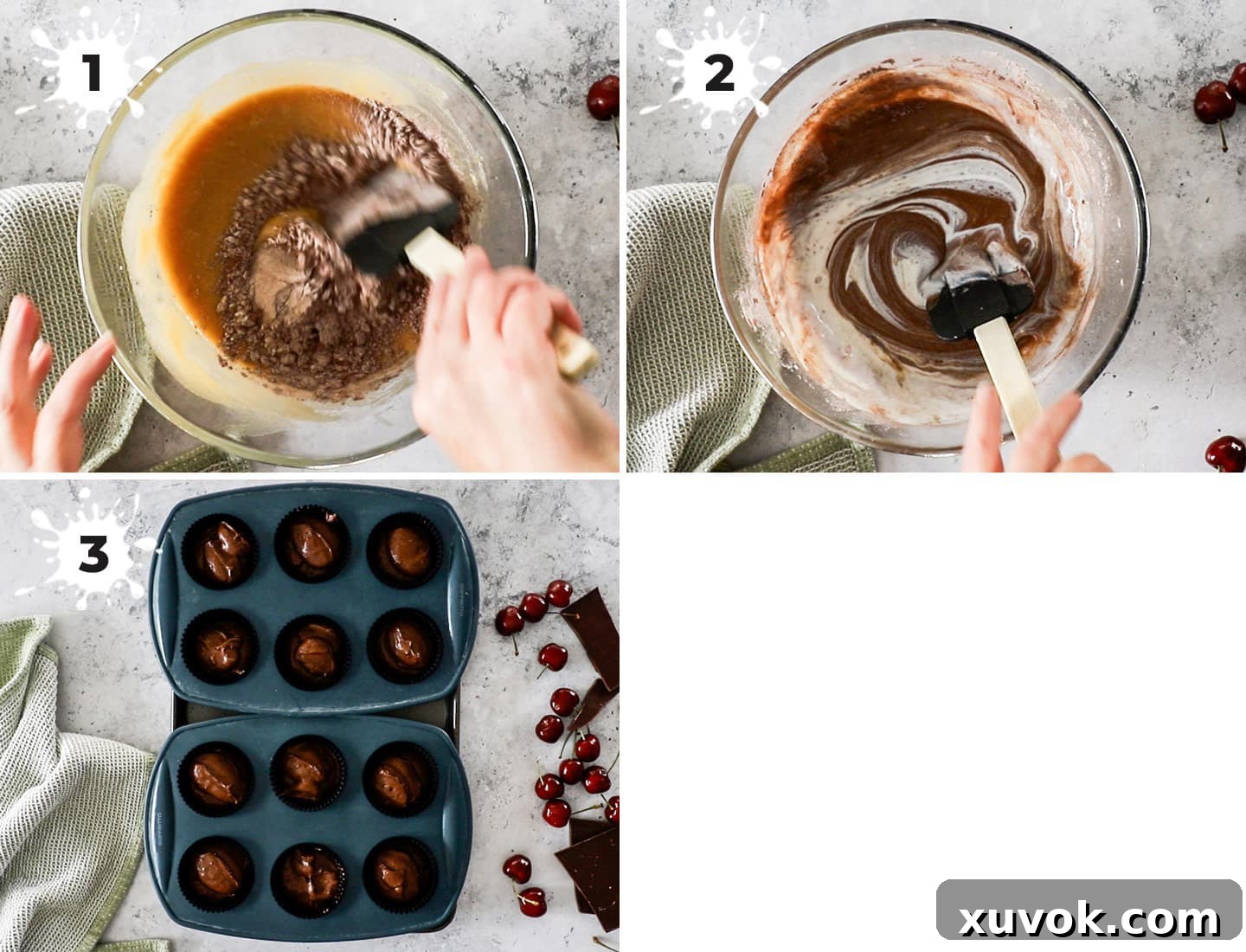A collage of images showing the process of mixing chocolate cupcake batter.